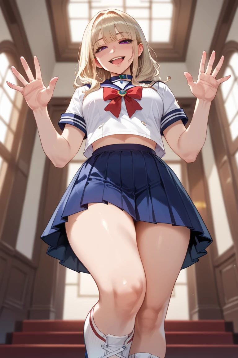 ((highest quality)), (masterpiece), 1 girl, university student, very short hair, messy hair, gray hair, slanted eyes, yellow eyes, Fair skin, big breasts, glamorous body, look away, open your mouth and laugh, Raise the hand, Cheerleader, school gymnasium