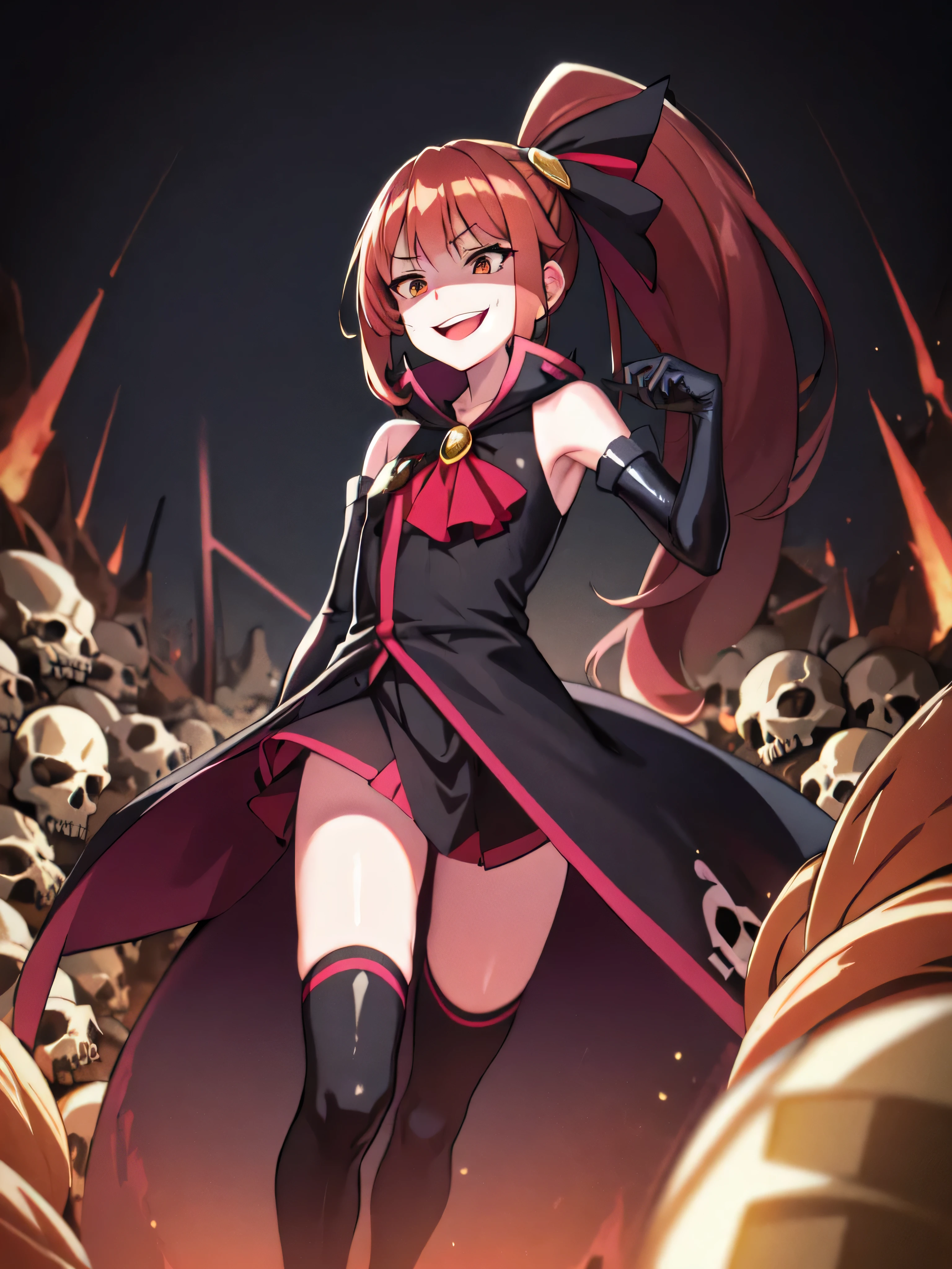  best quality , Masterpiece,  One Girl,Not beautiful, red horsetail,  long dress ,  Blog,  hair bow,   black knee-high socks,   standing on rubble  ,  , ,,Dark Shadow Face , Sadistic Laugh ,,malice,Contempt,smile,,Bad face,, red skirt,both hands,Two legs, Five Fingers,Evil background, Elbow Full Gloves ,shiny latex, wicked laugh,  Devish Aura  ( shiny fabric :1.5),Dark world background,solo,Skull in a decorated. background, A pile of skulls lies beneath ,), in Illustrator_in_audience,.、 Generating High Quality Female Art ,,Dark aura,

