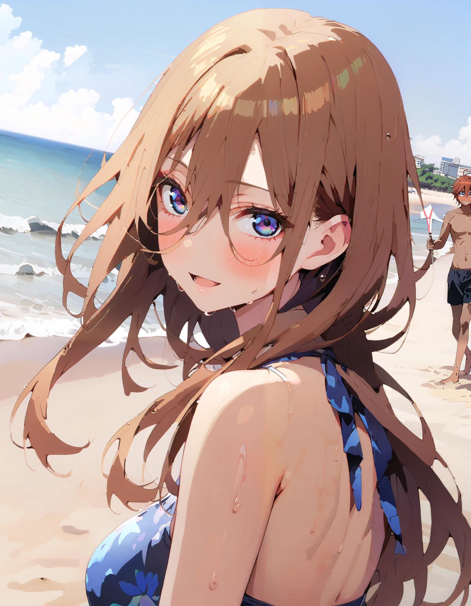 Nakano Future,  long hair, bangs,  blue eyes,  brown hair,  hair between eyes ,smile,blush, open their mouths,Blue bikini swimsuit ,Bare legs, tan, brown skin, wet swimsuit , wet skin, wet hair, standing,whole bodyがイラストに入るように,
break outdoors,  beach,
break looking at viewer, whole body,
break ( Masterpiece:1.2), top quality , kampala,unity 8k wallpaper,(shape:0.8),(  fine, beautiful eyes  :1.6),It's a person ,whole body写真,CG Details , ( perfect hand, complete anatomy),