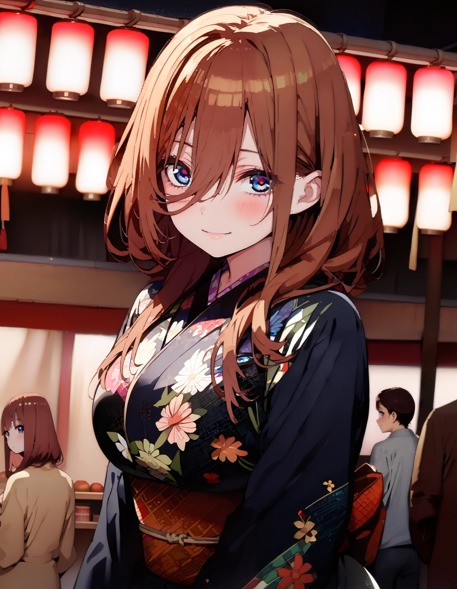 Nakano Future, Alone, long hair, bangs,  blue eyes,  brown hair,  long hair, bangs,  blue eyes,  brown hair,  hair between eyes ,smile,blush,Big Breasts, legs ,Blue flower pattern kimono, side lock, long skirt ,日本のfestival,夏festivalの屋台, red lanterns,Fireworks in the night sky, fireworks,The time is night, standing,omatsuri, food stand ,whole bodyが illustration に入るように,
break outdoors, festival,
break looking at viewer, whole body、
break ( Masterpiece:1.2),  top quality,  high resolution, unity 8k wallpaper, ( illustration :0.8), ( beautiful detailed eyes:1.6),  highly detailed faces at a pachinko parlor,  perfect lighting,  Highly Detailed CG, ( perfect hands,  perfect anatomy),