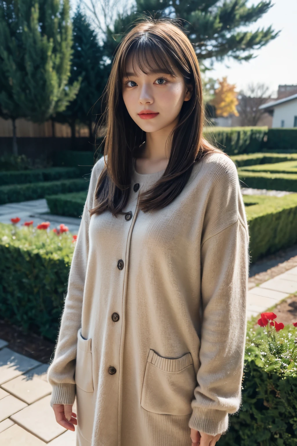 (masterpiece:1.2, Best Quality),,Anatomically perfect、 simple background、Winter clothes、20yo、garden,bangs,small breast