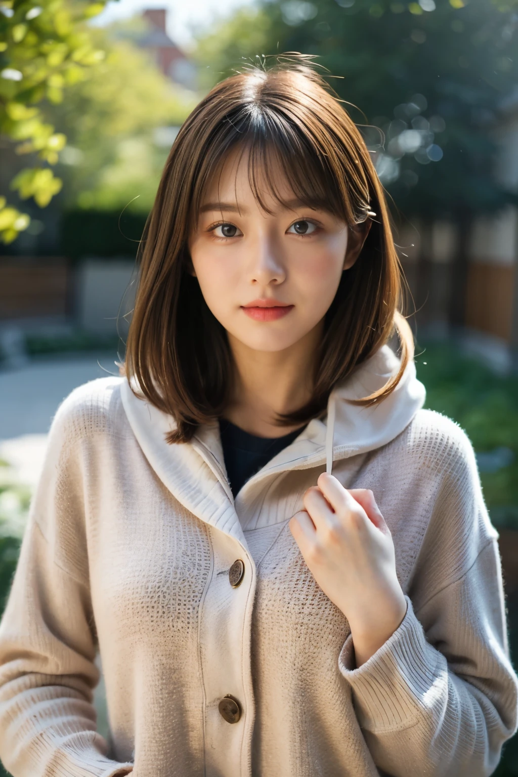 (masterpiece:1.2, Best Quality),,Anatomically perfect、 simple background、Winter clothes、20yo、garden,bangs,small breast