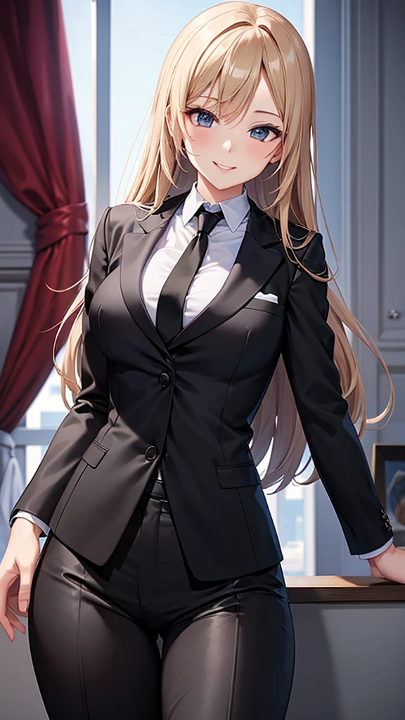 Sexy woman in a black suit tie smile