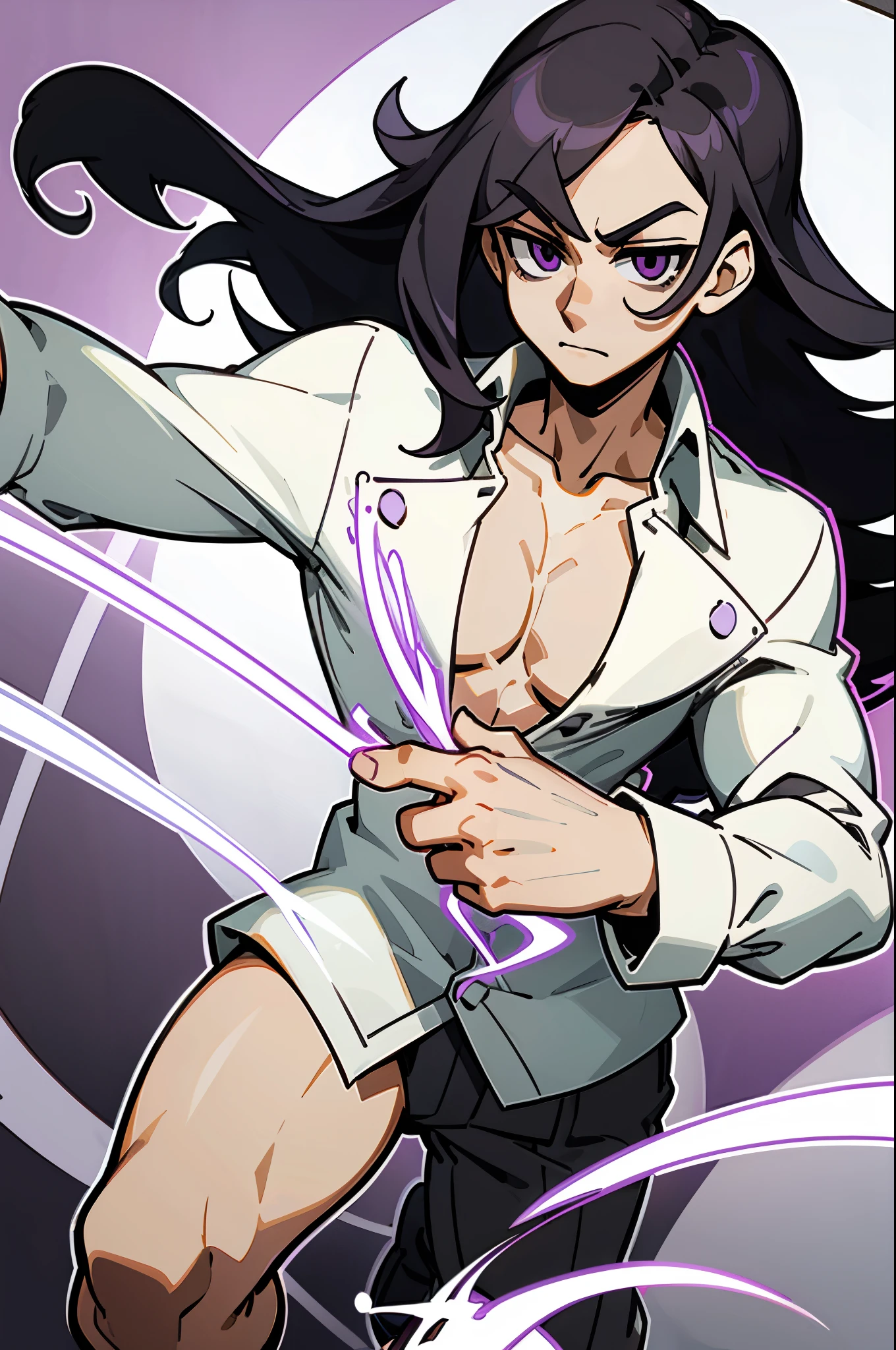  Mature man, Light purple eyes,  black hair, detailed, ( wavy hair:0.5),   long hair,  white shirt, ((  unbuttoned shirt  )),  black sweatshirt , ((thick outlines)), ((white outlines)), (OUTLINE)