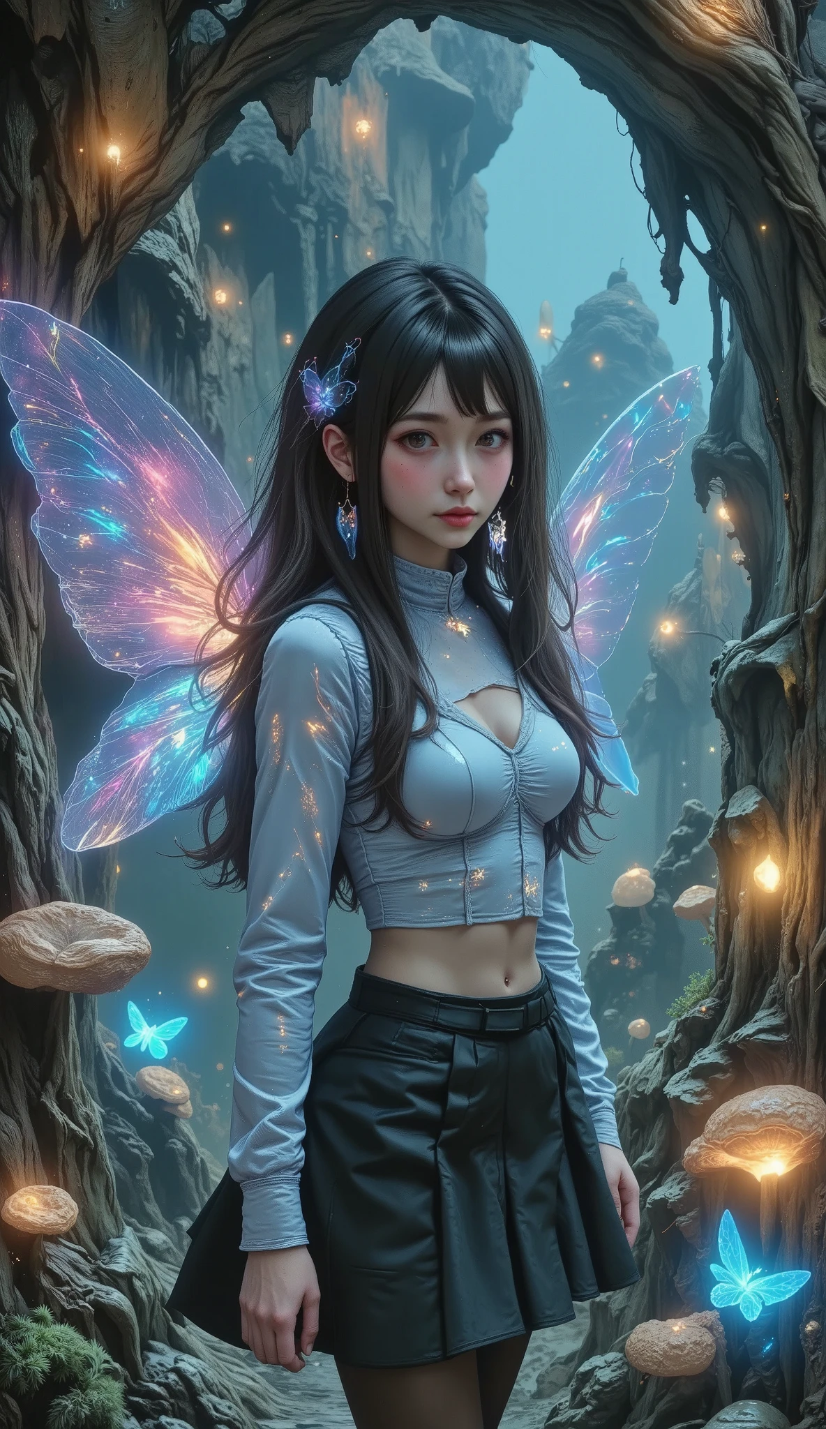  large general plan  ,    remote shot of the camera   ,  a miniature fairy   :1.4,   small  , hada hermosa,   bioluminescent light  , Fairy clothing  ,  carrying a wand that gives off  small  bright stars,   bioluminescent plants  ,   on a dark night,   dark background, ( a girl),    face and extremely detailed features   ,   Great cobweb wings   ,    surrounded by bioluminescent mushrooms  ,   stalagmites  ,   creepy cave background   ( envelopes , 4k, 8K,   high resolution sweatshirt,   masterpiece:1.2),   ultra Detailed  , (realistic, photorealistic, photorealistic:1.37), Dark fantasy, Gothic,  arte conceptual , digital art