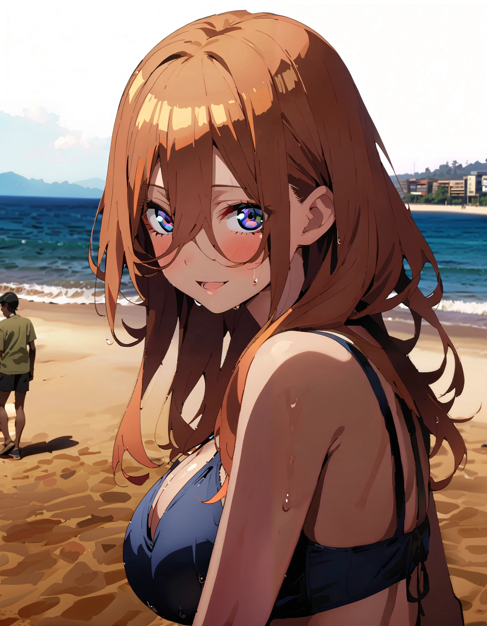 Nakano Future,  long hair, bangs,  blue eyes,  brown hair,  hair between eyes ,smile,blush, open their mouths,Big Breasts, cleavage,Blue bikini swimsuit ,Bare legs, tan, brown skin, wet swimsuit , wet skin, wet hair, standing,whole bodyがイラストに入るように,
break outdoors,  beach,
break looking at viewer, whole body,
break ( Masterpiece:1.2), top quality , kampala,unity 8k wallpaper,(shape:0.8),(  fine, beautiful eyes  :1.6),It's a person ,whole body写真,CG Details , ( perfect hand, complete anatomy),