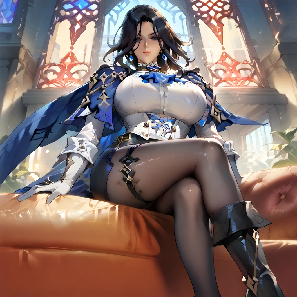best quality,4k,8k,highres,masterpiece:1.2),ultra-detailed, extremely detailed eyes, extremely detailed body, (large masterpiece digital art), (detailed manga illustration), (detailed line art), ((perfect anatomy)), (intricate details:1.3), (ultra-detailed:1.3), (illustration:1.3), (sharp focus:1.3), (natural lighting:1.05), (vivid colors:1.3), (masterpiece), (best quality:1.4), (perfect anatomy:1.4), high quality, expressive eyes, full body, detailed face, beautiful face, perfect face, 1 girl, large breasts, very long hair, black hair, curly hair, wild hair, detailed hair, white dress shirt, black pants, pale skin, sapphire-blue eyes, demon, blue halo, sheep horns, curled horns, (horizontal pupils), sexy face, pointy ears, splash art, the demon girl, curvy, sitting in an office chair at a desk with feet on desk, black high heels, cinematic lighting, dramatic atmosphere, Atey Ghailan, Jeremy Mann, Greg Manchess, Antonio Moro, trend in ArtStation, trend in CGSociety, Intricate, High Detail, Sharp focus, dramatic and photorealistic painting art by Midjourney and Greg Rutkowski, Jeff Bridges, ((cartoon style)), Marvel Cinematic Universe style