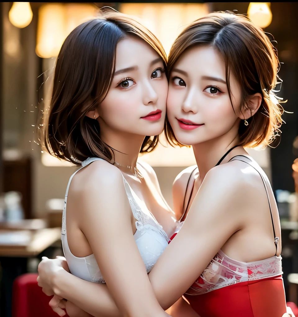 top quality、8k、 Masterpiece、 Ultra High Resolution、RAW photos、クリアな photos、リアルな photos、 is present、 professional lighting、 photos、( so cute3people々々 girl、美しい girl、 Cute Yuki Yoda 、 the cutest in the world)、Adorable idol、、Small face、(Bian、 gay、 we love each other )、 white skin、( very short hair:1.6)、 brown hair、( small breasts、 flat chest)、 big erect nipples 、Exquisite appearance 、(Affectionate3people々々:1.8、{{kiss3people々々:1.8、 hugging each other:1.8、 putting lips on it :1.6)、 detailed biography 、 idol group members 3people々々:1.6、( wearing white underwear:1.8、Small underwear、See-through lingerie)、Right Action足、Correct finger、Right Action、全身 photos、(Expressions of joy)