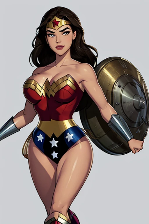 Power Stance with Shield: With her shield raised high, the tight suit showcases the firm, rounded shape of Wonder Woman's buttocks. Her legs are spread slightly apart, emphasizing her strong, athletic build.
