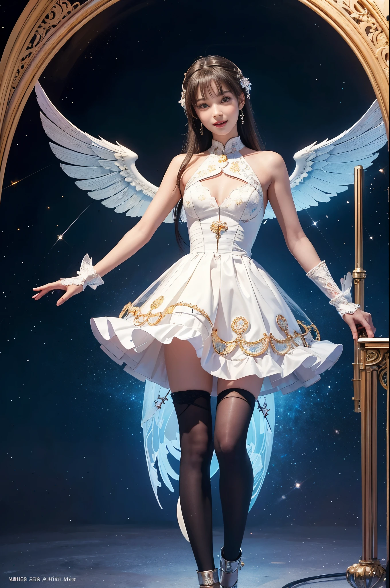 One, Puella Magi Madoka activates magic, mysterious, magical, wizard costume embroidered with intricate and contrasting geometric patterns, praying with closed eyes, symmetrical composition, complex geometric patterns drawn in the sky, standing, full body