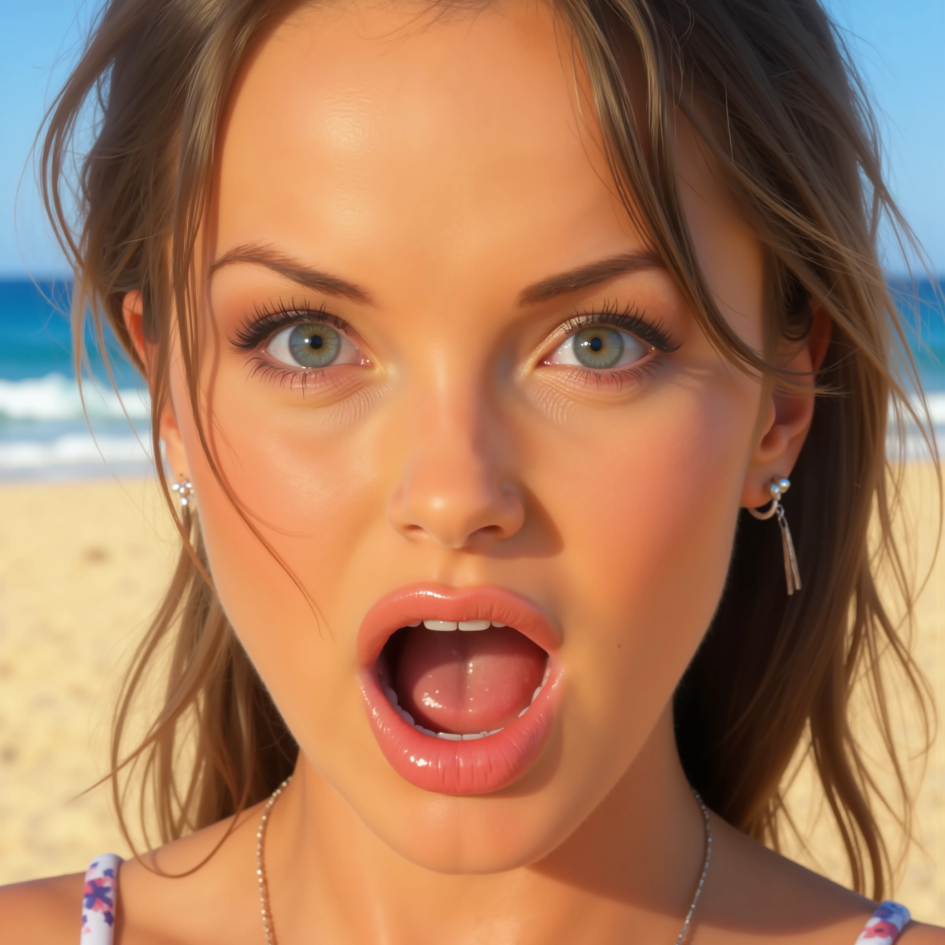 young silvia, face only, mouth open wide, beach, sunny, shocked