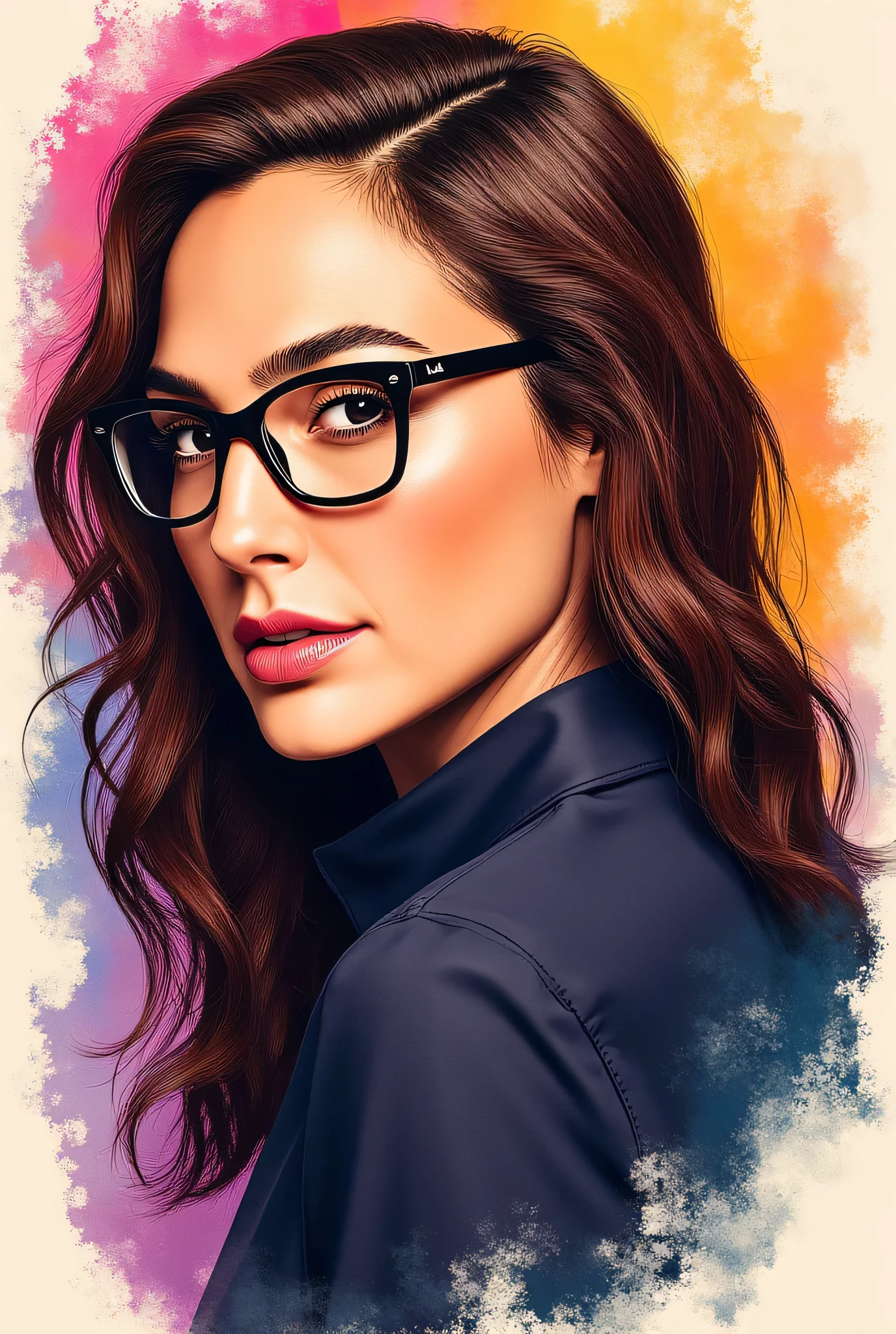 discreet image. with elegant clothes, discreet and glasses . , beautiful woman , hand drawn . SHE IS SEDUCTIVE , with a seductive smile . IMAGES WITH VIBRANT COLORS . with colorful background, long messy hair