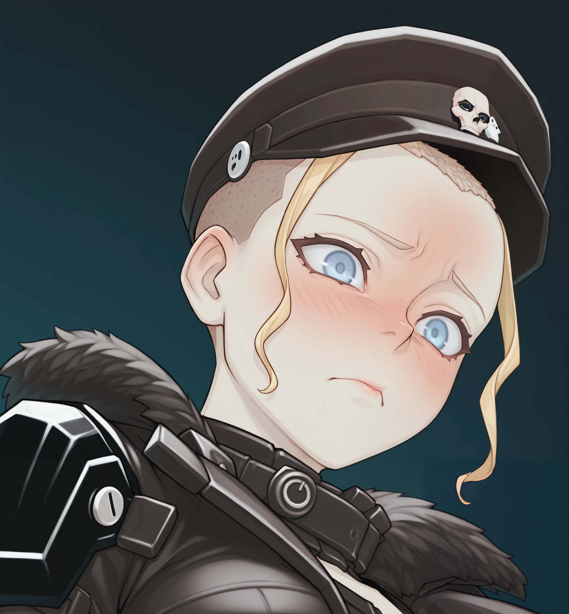 1girl, solo, ((testgirl)),( light blonde short fringe) , slightly curly fringe, (shaved head), shaved temples, light blue eyes, (beautiful eyes), looking in viver, black raincoat, short fur collar, ((black cap) ),masterpiece, best quality, amazing quality, contrast, grumpy, (blame), from the side, high quality, a masterpiece , shy, embarrassing, looks around, angle from below , red face