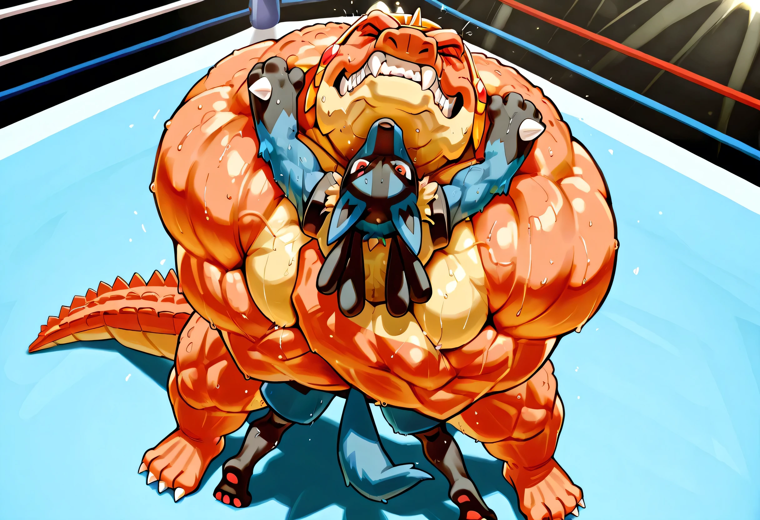 4k ultra quality, 4k full body view,masterpiece quality, giant crocodine dominates small lucario, wrestling, bearhug, [lucario:pain, arched back, close eyes, very small build, young], [crocodine:carrying person, lift up, arched back, hugging, giant bulky muscular, massive strong body, looking down, evil grin, sweaty, male focus],size difference, carrying, dominating, from above front