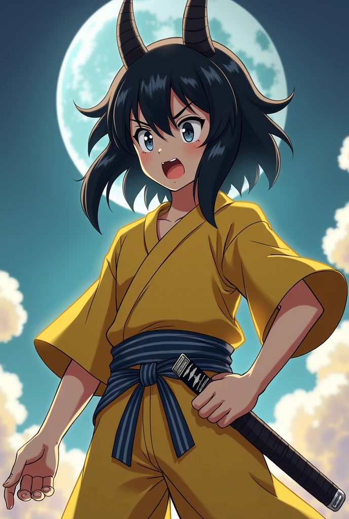 An anime character of medium length and the average of his hair is black and white. There is a state of anger. He has a scar under his eyes. He has two very, very small horns. He wears a yellow shirt and yellow pants with a striped dress with a ninja sword and a group like a ninja boot with a beautiful and mysterious background