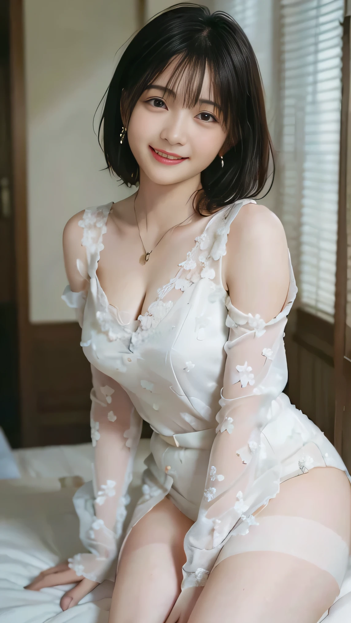 4K Ultra Resolution、Beauty、One Woman、Dark Brown Hair:1.1、Highly detailed face、Lips detail、important、(Eyes meet)、double eyelid、Princess Eyes、Beautiful Japanese Women、Beautiful Japanese Women、Sensual lips、Bewitching body、Bust size 82、Standing in an exciting pose facing forward with natural body balance、20th Generation、(23 years old)、far and near method、 A meticulous Japanese woman、Dress、Wearing a delicate, erotic and stylish bodycon dress、Hair blowing in the wind、Important(The detailed numbers and shapes of hands)、I can see your chest、Crisp images、The delicate sparkle of the eyes、Outside, people are drinking tea on a small Western-style terrace.、Sit facing forward on a stylish chair、Beautiful breasts with detailed details、color々Hair style、Smiling with a nice smile、