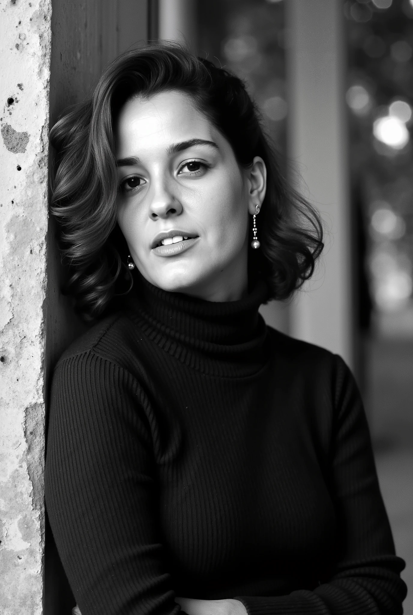 analog style , model photography style , a 45-year-old woman, medium length dark brown hair , complex black and white portrait of (See Frau :1), wearing a black turtleneck sweater , epic character composition, By Ilya Kuvshinov, Alessio Albi , Nina Masic, sharp focus, natural light, subsurface spread , , 35mm, Movie cuckold, Absolutely realistic photo , skin you see the pores