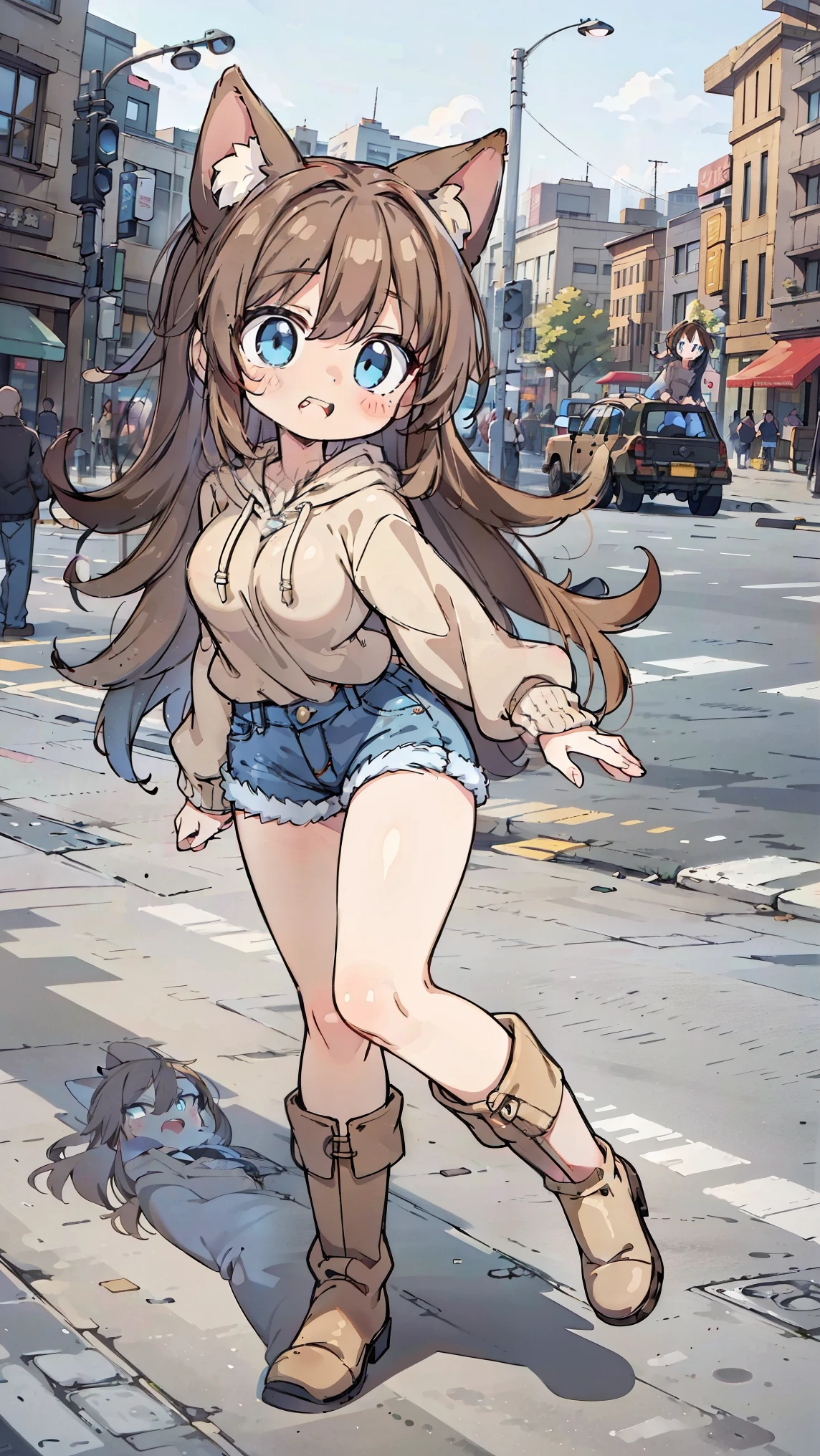 anime style、 fox ears、 woman、blue eyes brown hair、 beige hoodie 、 denim、 boots、 double teeth