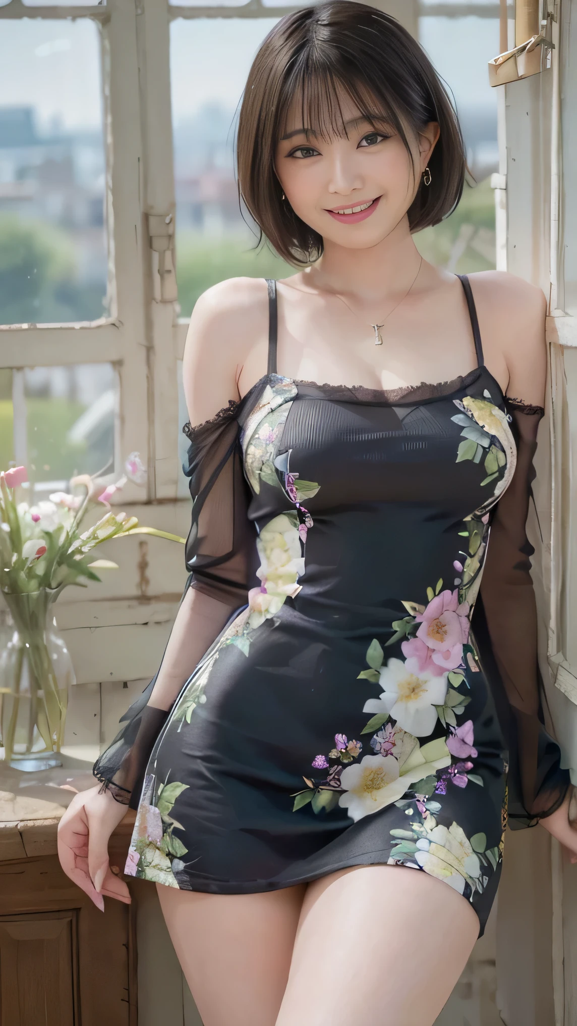 realisitic, 1 girl, Bblack hair, greeneyes, glare eyes, top cut, skirt short, parted lips, blush, giorno, flowers, floor, beachfront 