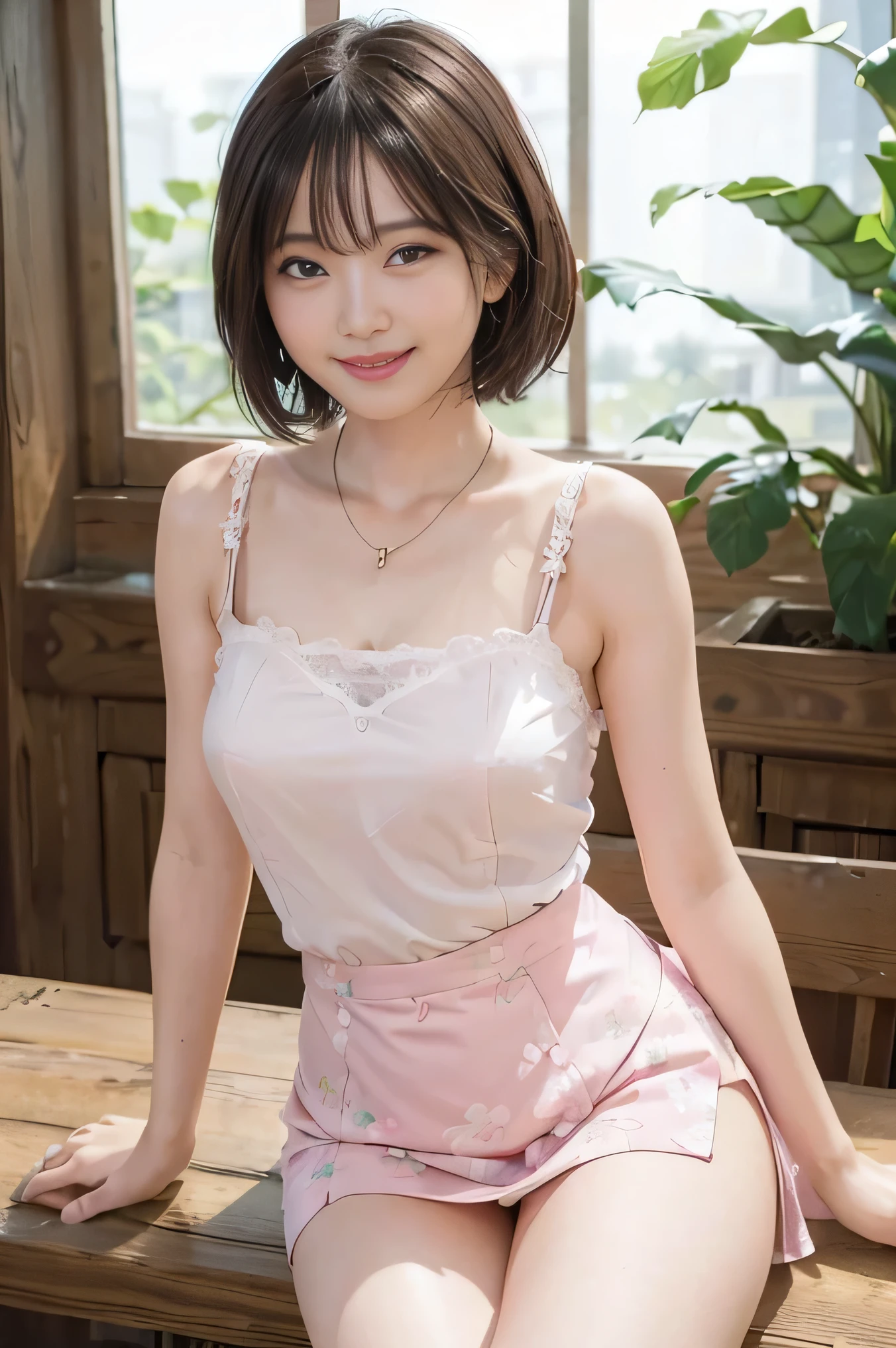 Araffe asian woman sitting on a bench in a pink dress - SeaArt AI