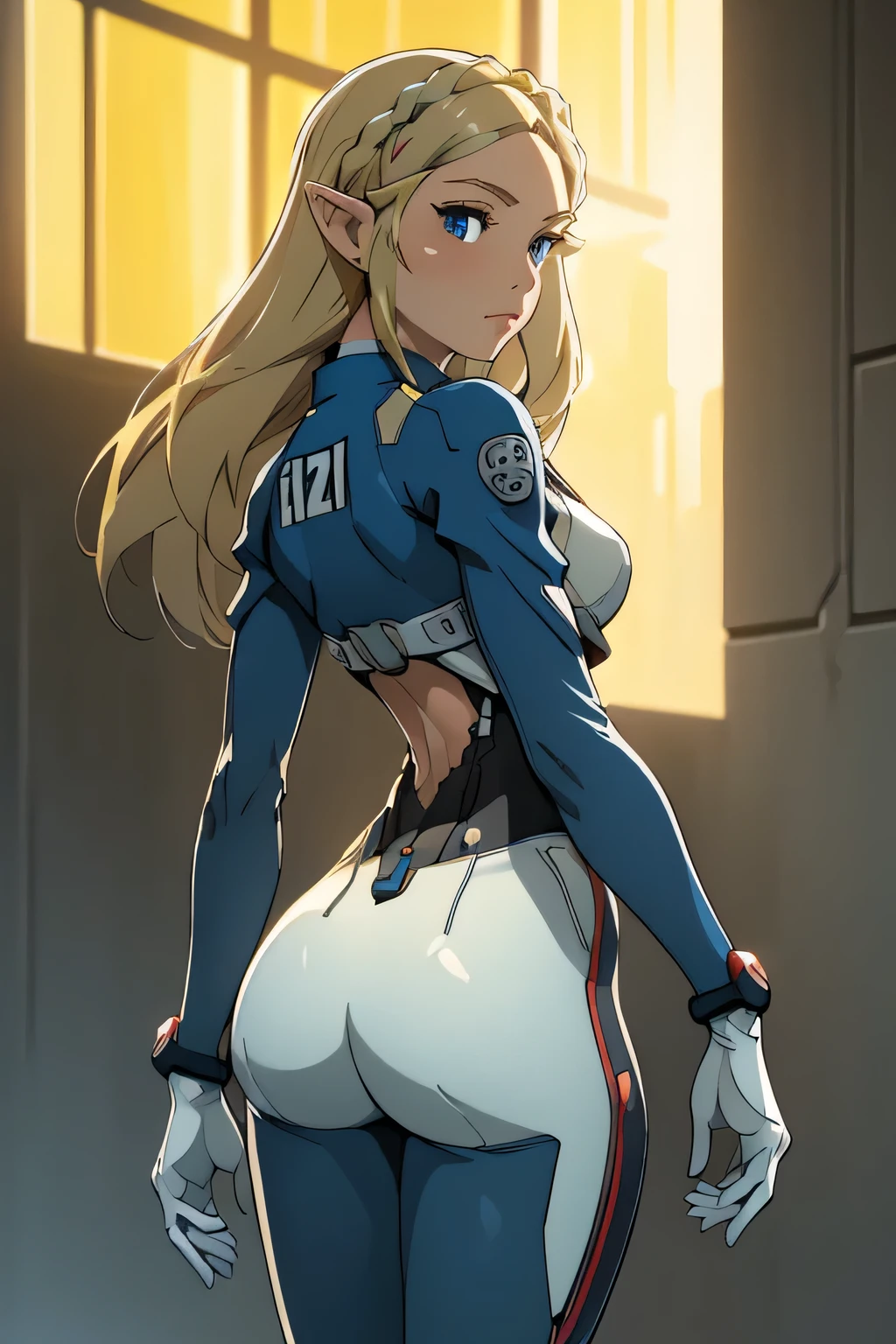 masterpiece, best quality, 1girl, anime style <lora:samus-xl-nvwls-v1-000007:1> altsamus, blonde hair, blue crop top, blue shorts, looking at viewer, fist, hand up, toned body