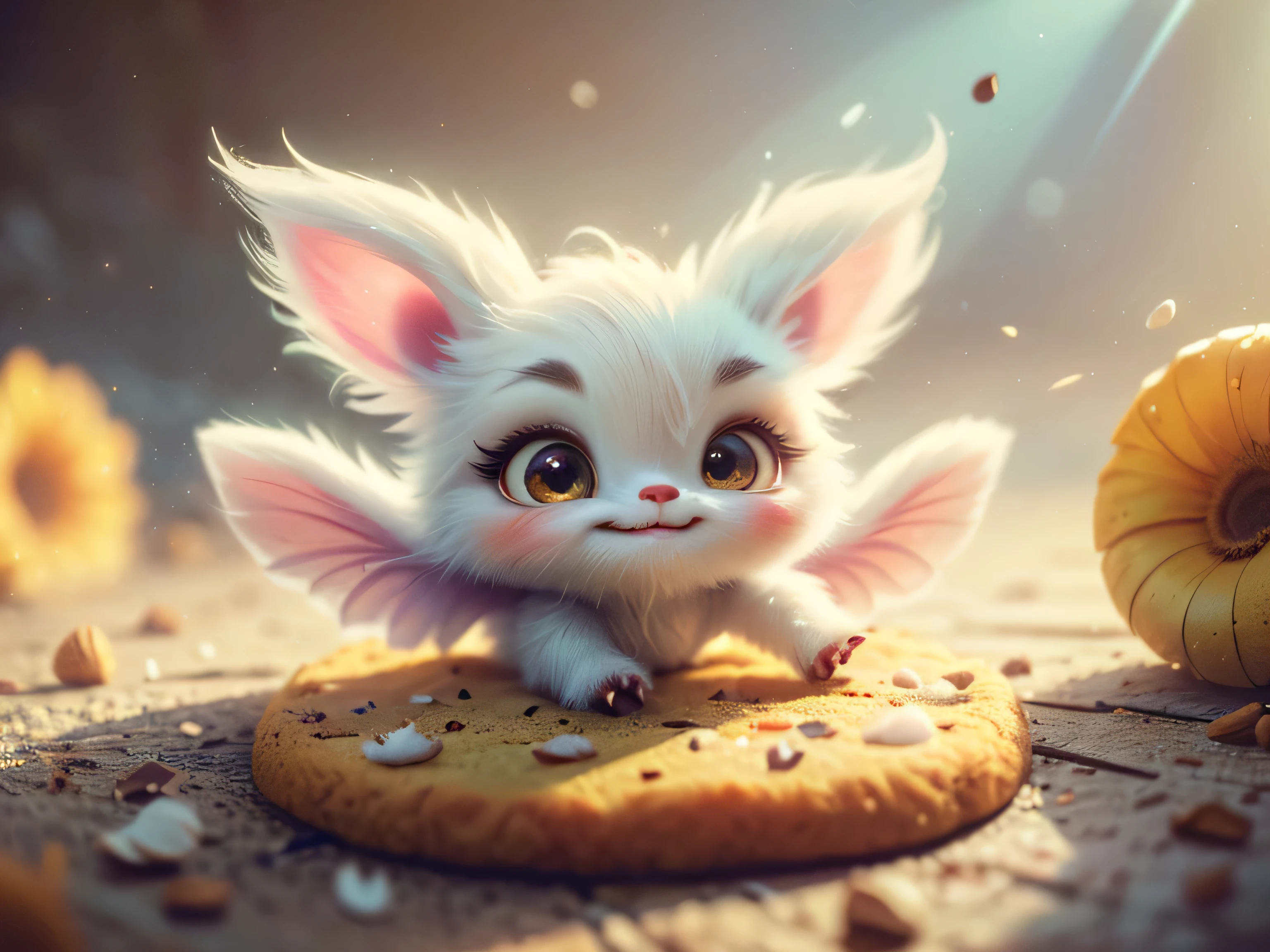 (Best Quality, Super Detail, Masterpiece, Representative Work, Official Art, Professional, Super Detail, 8k:1.3) (Photorealistic:1.2) hyperrealism airbrushed oil paints illustration. a cute little  mythical graceful transparent anthropomorphic furry creature, thin arms, fragile thread legs, sitting on top of a massive [chocolate chip] cookie, smiling and waving one hand directly at the viewer. pastel bg. Natural Lighting, Soft Background, Photorealistic, Shining Eyes, Sharp Focus, Cute and Mischievous Look, Hint of Mischief, Dreamy Atmosphere, Delicate Details, Soft Volumetric Light, (Backlight:1.3), (Cinematic:1.2), Intricate Details, (ArtStation:1.3)