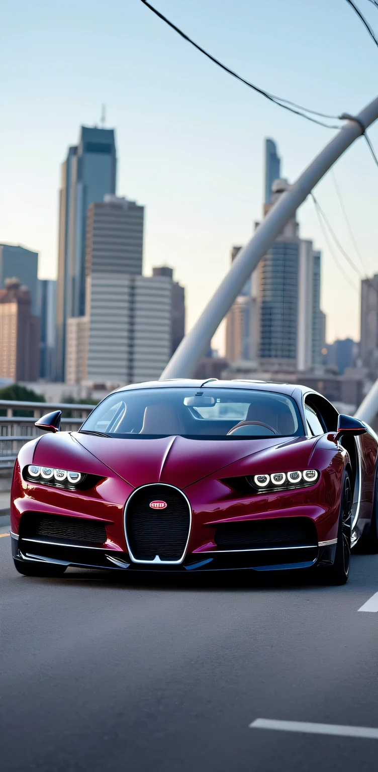 " Bugatti Chiron:
color:
- Mourning Tone : Intense wine (#660066)
- Gloss : high, with a touch of depth and richness
- : Metallic paint with an effect of " depth effect "
Design:
- Shape: aerodynamics, finish with smooth lines and pronounced curves
- : Sporty and elegant , design with a touch of sophistication
- : Slim LED lights , adjustable rear spoiler , 20-inch alloy wheels
Interior :
- color: Light beige leather (#F5F5DC) details with polished aluminum details
- Material : high quality leather, aluminio y fibra de carbono
- Design: Elegantly minimalist , with a focus on functionality and comfort
Bridge :
- Material: Acero y hormigón
- Design: Modern and aerodynamic , with clean, minimalist lines
- Vista : Panoramic of the city , with modern buildings and skyscrapers in the background
City :
- Buildings: Modern and contemporary , with innovative designs and sustainable materials
- : Bright and vibrant , style with a variety of colors and textures
- Environment : Dynamic and exciting , lighting with a fast pace and a sense of energy and movement
Overall , el Bugatti Chiron color vino parqueado en el puente ofrece una vista impresionante de la ciudad, with its elegant and sporty design that blends perfectly with the modern and dynamic environment."