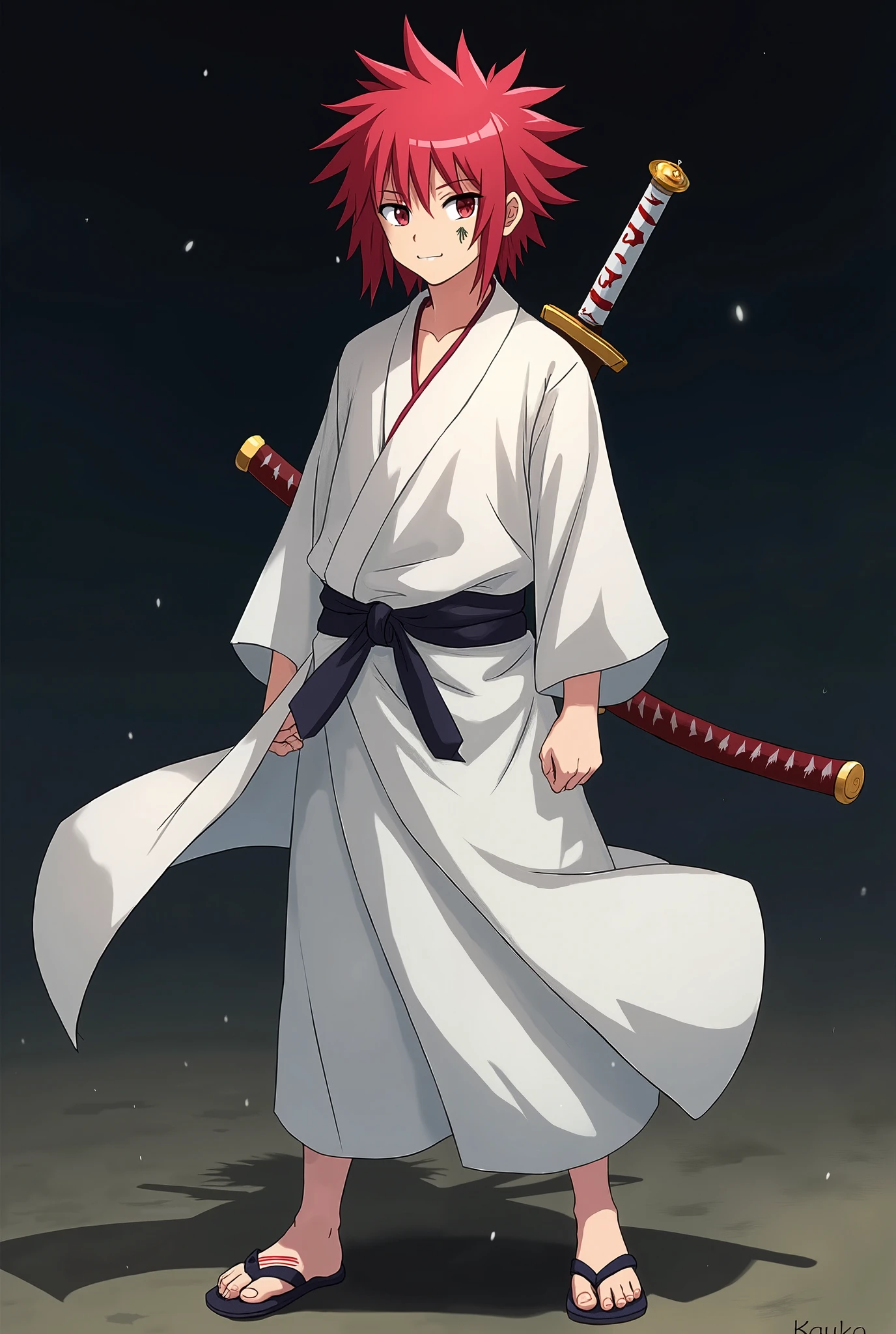 Anime character with red hair and a white robe holding two swords ...