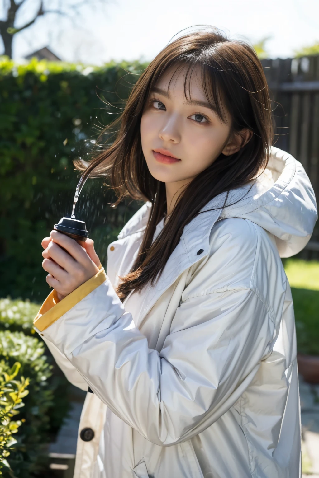 (masterpiece:1.2, Best Quality),,Anatomically perfect、 simple background、Winter clothes、20yo、garden,bangs, semen drips,1 man having sex with girl,