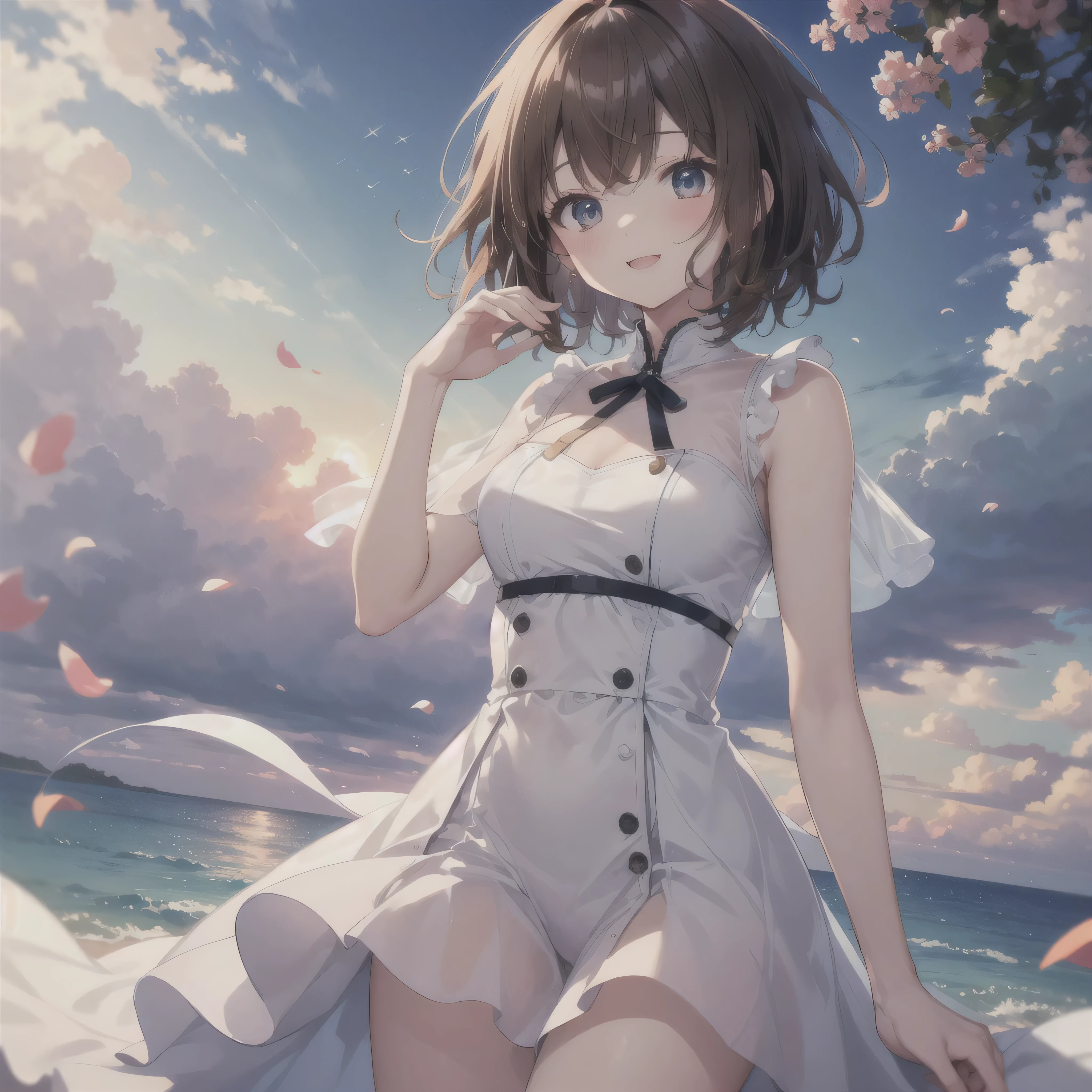（（ of the whole body））,( top quality、4K、8k、 high resolution、 Masterpiece:1.2) best smile、 cute anime girl、 Brown Hair Shortcut Hair , dynamic、solo、White clothes,summer，A gentle voice that reminds me of a quiet sunrise
