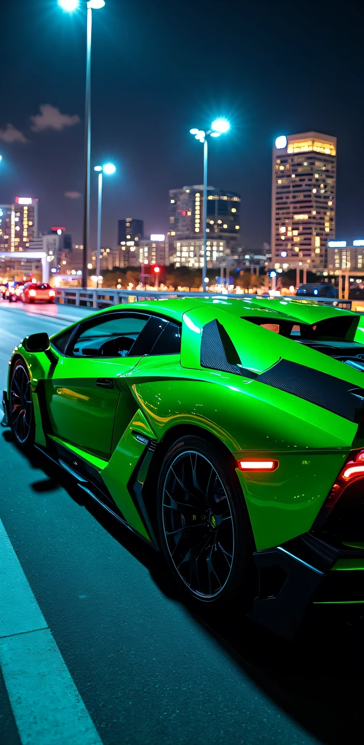 " Lamborghini Veneno : color: - Intense tone : Metallic lime green (# 33CC33 ) with details in matte black - Bright : high, with a touch of depth and complexity - Paint : Metallic with effect of "color change" depending on the angle of the light
Design : - Shape: Aerodynamic and aggressive , with angular lines and sharp curves - Style : Sporty and extreme , with a touch of sophistication and exclusivity - Details : Slim LED lights , adjustable rear spoiler , 20-inch alloy wheels
Interior : - color: Matt black leather (#000000) with carbon fiber details - Material : high quality leather, carbon fiber and aluminum - Design : Minimalist and functional , with a focus on comfort and performance
Bridge : - Material: Steel and concrete - Design : Modern and aerodynamic , with clean and minimalist lines - View : Panoramic of the city at night , with illuminated buildings and neon lights that reflect in the water
City : - Buildings: Modern and contemporary , with innovative designs and sustainable materials - Lighting : Bright and vibrant , with a variety of colors and textures - Environment : Dynamic and exciting , with a fast pace and a sense of energy and movement
Overall , el Lamborghini Veneno estacionado en el puente ofrece una vista impresionante de la ciudad de noche, with its extreme and sporty design that integrates perfectly with the modern and dynamic environment ."