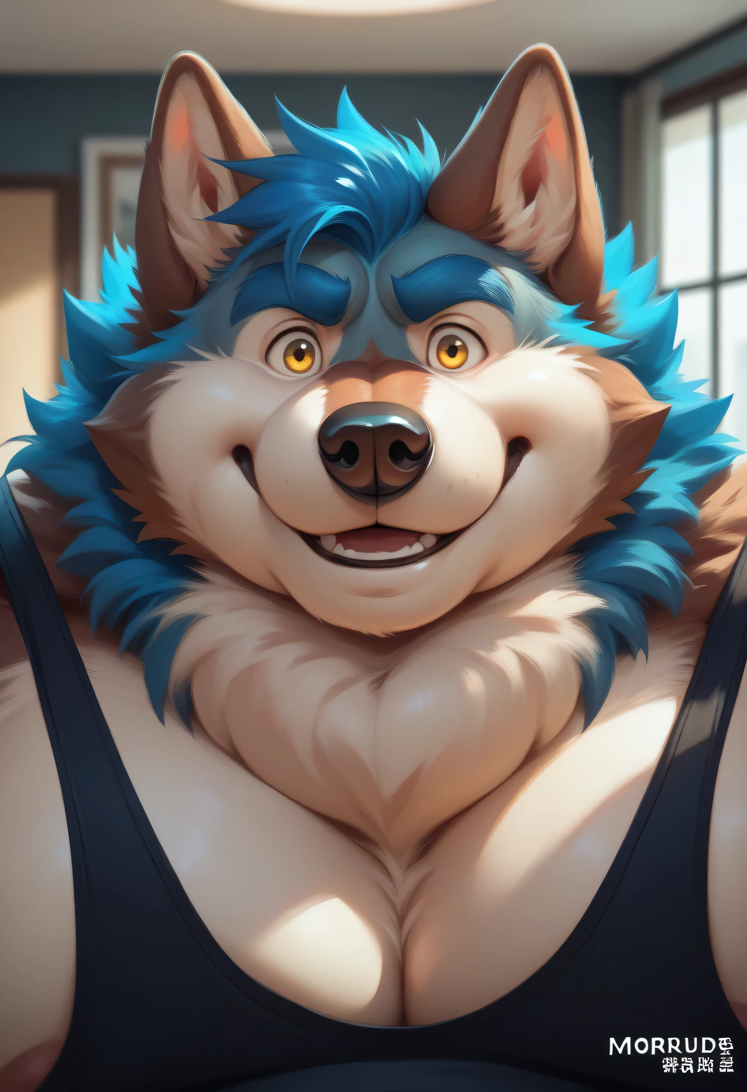 (author：Hioshiro and zackary911 and Dimwitdog, (coffeesoda:1.1)), Solo, anthro, Male, (white badger), ((intricate detail fluffy fur texture)), Purple mane, pinup, (Green eyes) , Purple thick eyebrows，chest tuft, ((wears)), digigrade, (Tail), Handsome, Cinematic, Solo, (musculature), (shaded), (Detailed eyes):1.2, ((busts)), Chubby, low angle, Sensual，musculature，Shirtless, Jock Strap, Big Bulge