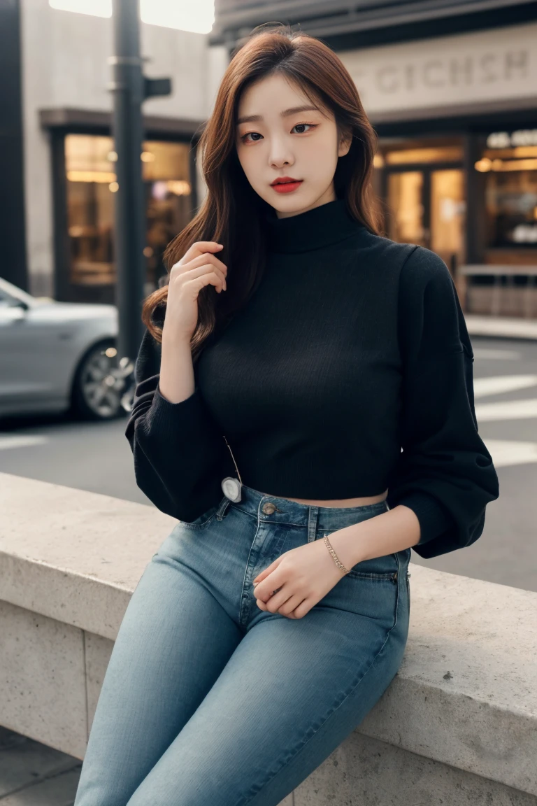 masterpiece, top-quality, 1 beautiful girl, (Detailed beautiful eyes), ((Detailed skin)) , ((Detailed medium hair)), A beautiful girl in black crop top and ripped jeans oversize, colorfull, RAW photos, Camera angle behind, sitting outside the coffee,  CG rendering, Blurred background, deep shadow,  16K, bokered,   Very detailed, wallpaper, depth of field, movie light, Ray tracing.