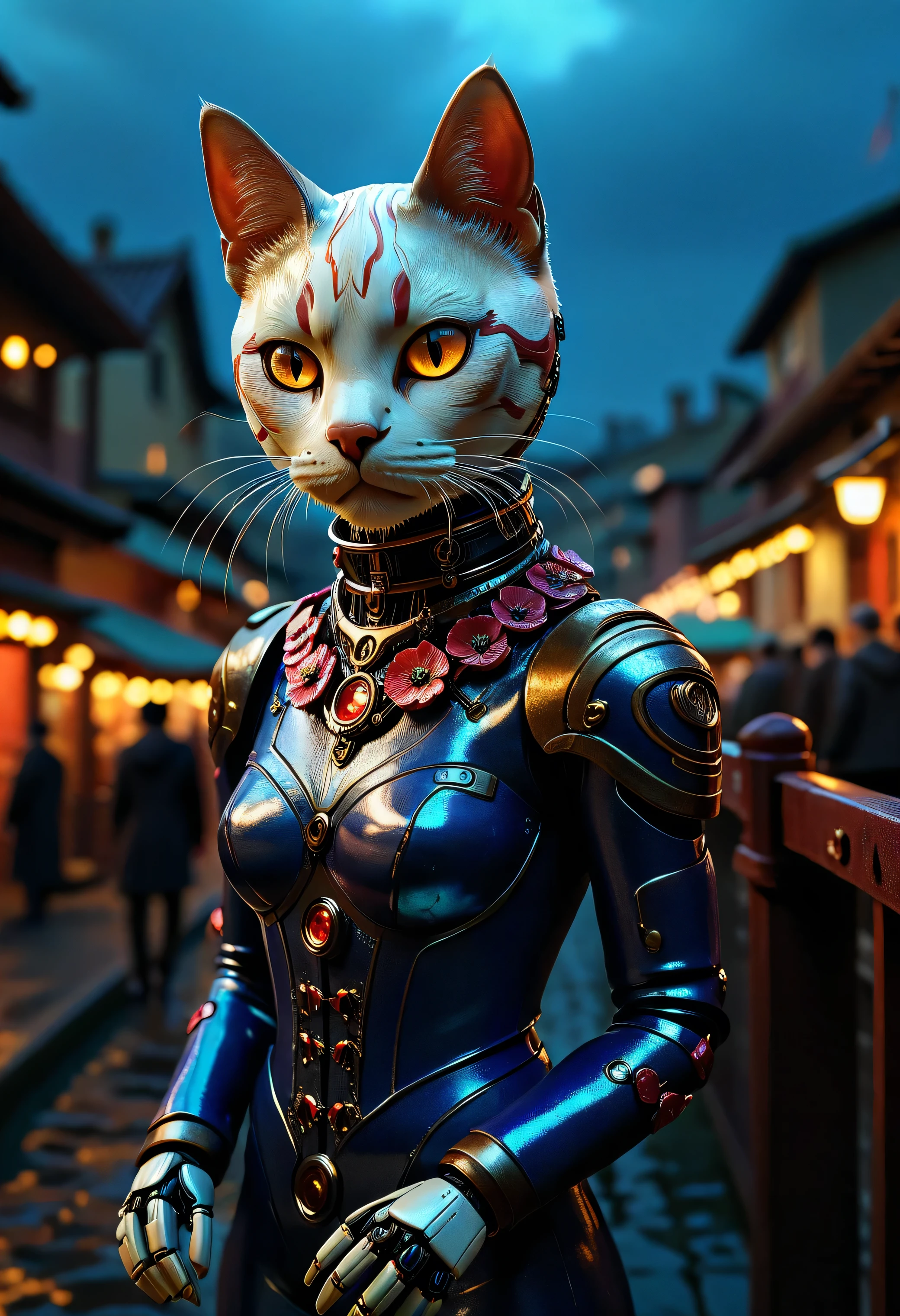 safe_pos, (score_9, score_8_up:1.1), score_7_up, photorealistic, rating:explicit impressionist classical-style painting of a highly detailed, fantasy scene with a dramatic, robotic aesthetic. The central figure is an intricately detailed, hyper-realistic, portrait of a robotic cat girl, looking intently at the viewer, who is perched on her hind legs on a fence top late at night and bathed in moonlight. Her cat head and body are made of white plastic, shiny and smooth with multi-colored, exposed wiring going down her neck creating an organic mosaic pattern on her robotic skin. Her large cat eyes seem to hold ancient secrets. She is set against an eerie backdrop of an old warehouse. Her ornate, futuristic catsuit is adorned with delicate wiring and hand-crafted paper flowers, their petals unfolding like tiny, intricate sculptures torn and weathered by time. The overall impression is one of dramatic beauty, with an almost otherworldly quality. (((ultra-realistic style))), realistic soft lighting, dark, eye-catching, atmospheric lighting, natural, shallow depth of field, (highlights: 0.8), high detail (dynamic, cinematic shot, film grain, bokeh, depth of field,), absurdres, masterpiece,, Expressiveh choker, anklets, pubic-hair, flux-style ((masterpiece, Highest quality, Best image quality, High resolution, Realistic, RAW Photos, 8k, Highly detailed)) 4lch3my_l4b CyberRealistic_Negative_PONY