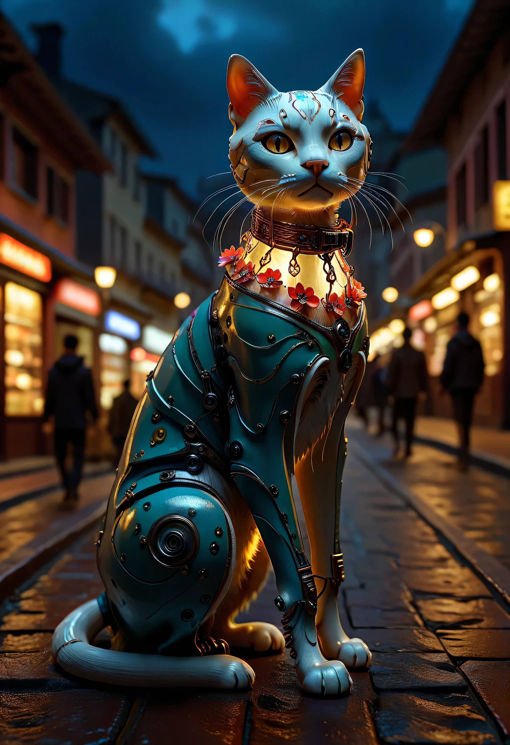 safe_pos, (score_9, score_8_up:1.1), score_7_up, photorealistic, rating:explicit                                                 impressionist classical-style painting of a highly detailed, fantasy scene with a dramatic, robotic aesthetic. The central figure is an intricately detailed, hyper-realistic, portrait of a robotic cat girl, looking intently at the viewer, who is perched on her hind legs on a fence top late at night and bathed in moonlight. Her cat head and body are made of white plastic, shiny and smooth with multi-colored, exposed wiring going down her neck creating an organic mosaic pattern on her robotic skin. Her large cat eyes seem to hold ancient secrets. She is set against an eerie backdrop of an old warehouse. Her ornate, futuristic catsuit is adorned with delicate wiring and hand-crafted paper flowers, their petals unfolding like tiny, intricate sculptures torn and weathered by time. The overall impression is one of dramatic beauty, with an almost otherworldly quality. (((ultra-realistic style))), realistic soft lighting, dark, eye-catching, atmospheric lighting, natural, shallow depth of field, (highlights: 0.8), high detail (dynamic, cinematic shot, film grain, bokeh, depth of field,),                                                                absurdres, masterpiece,, Expressiveh choker, anklets, pubic-hair, flux-style ((masterpiece, Highest quality, Best image quality, High resolution, Realistic, RAW Photos, 8k, Highly detailed)) 4lch3my_l4b CyberRealistic_Negative_PONY