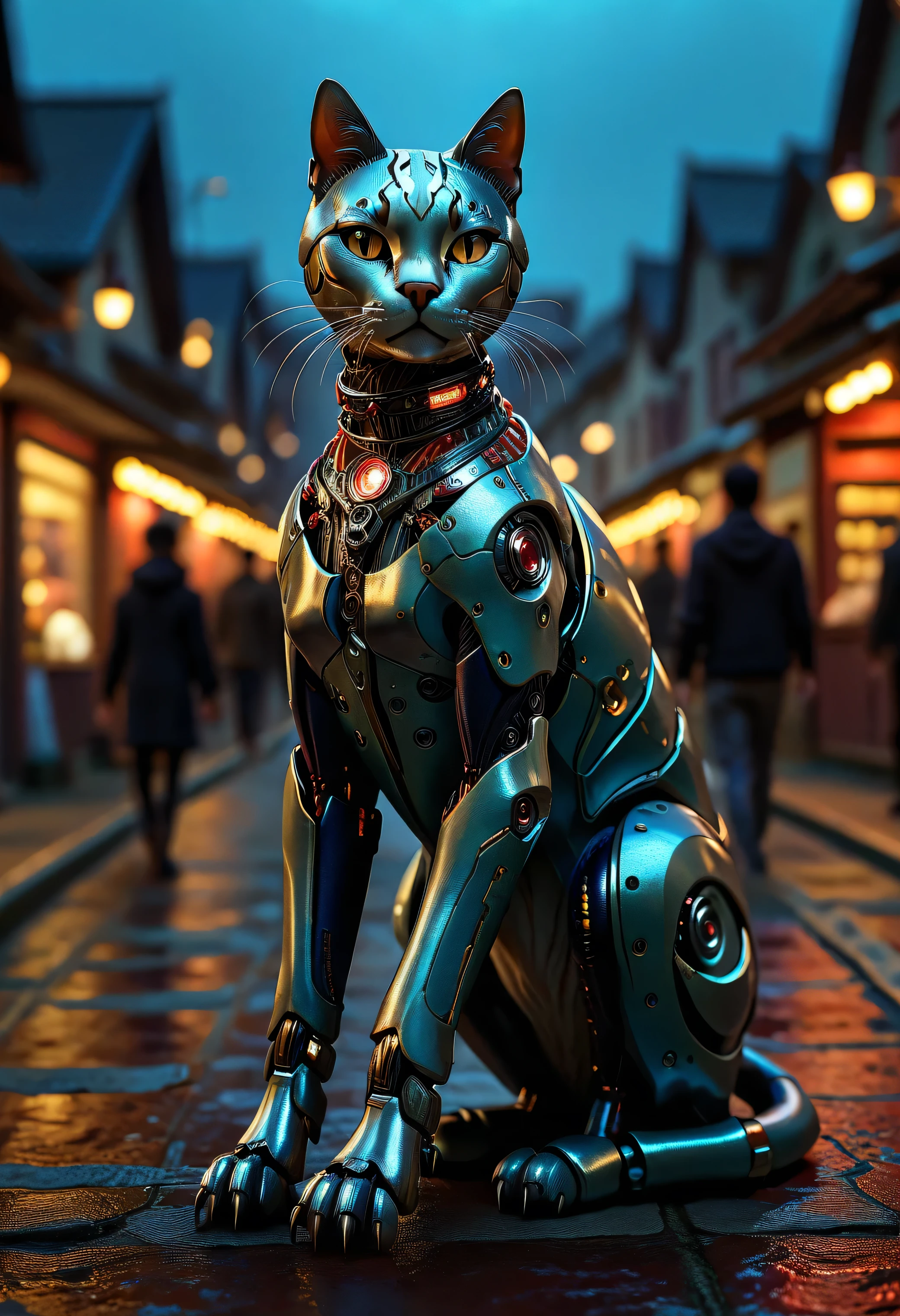 safe_pos, (score_9, score_8_up:1.1), score_7_up, photorealistic, rating:explicit impressionist classical-style painting of a highly detailed, fantasy scene with a dramatic, robotic aesthetic. The central figure is an intricately detailed, hyper-realistic, portrait of a robotic cat girl, looking intently at the viewer, who is perched on her hind legs on a fence top late at night and bathed in moonlight. Her cat head and body are made of white plastic, shiny and smooth with multi-colored, exposed wiring going down her neck creating an organic mosaic pattern on her robotic skin. Her large cat eyes seem to hold ancient secrets. She is set against an eerie backdrop of an old warehouse. Her ornate, futuristic catsuit is adorned with delicate wiring and hand-crafted paper flowers, their petals unfolding like tiny, intricate sculptures torn and weathered by time. The overall impression is one of dramatic beauty, with an almost otherworldly quality. (((ultra-realistic style))), realistic soft lighting, dark, eye-catching, atmospheric lighting, natural, shallow depth of field, (highlights: 0.8), high detail (dynamic, cinematic shot, film grain, bokeh, depth of field,), absurdres, masterpiece,, Expressiveh choker, anklets, pubic-hair, flux-style ((masterpiece, Highest quality, Best image quality, High resolution, Realistic, RAW Photos, 8k, Highly detailed)) 4lch3my_l4b CyberRealistic_Negative_PONY