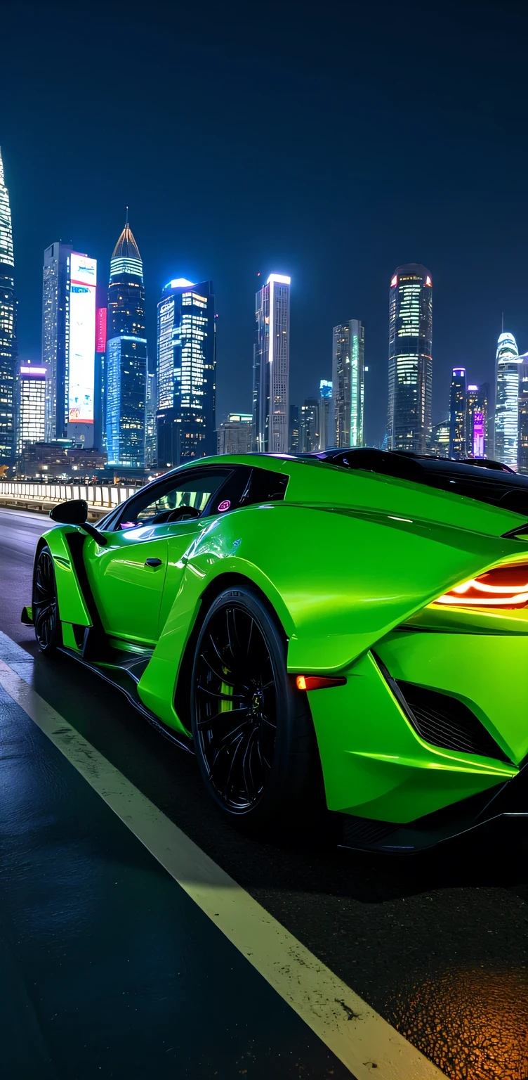 " Lamborghini Veneno : color: - Intense tone : Metallic lime green (# 33CC33 ) with details in matte black - Bright : high, with a touch of depth and complexity - Paint : Metallic with effect of "color change" depending on the angle of the light
Design : - Shape: Aerodynamic and aggressive , with angular lines and sharp curves - Style : Sporty and extreme , with a touch of sophistication and exclusivity - Details : Slim LED lights , adjustable rear spoiler , 20-inch alloy wheels
Interior : - color: Matt black leather (#000000) with carbon fiber details - Material : high quality leather, carbon fiber and aluminum - Design : Minimalist and functional , with a focus on comfort and performance
Bridge : - Material: Steel and concrete - Design : Modern and aerodynamic , with clean and minimalist lines - View : Panoramic of the city at night , with illuminated buildings and neon lights that reflect in the water
City : - Buildings: Modern and contemporary , with innovative designs and sustainable materials - Lighting : Bright and vibrant , with a variety of colors and textures - Environment : Dynamic and exciting , with a fast pace and a sense of energy and movement
Overall , el Lamborghini Veneno estacionado en el puente ofrece una vista impresionante de la ciudad de noche, with its extreme and sporty design that integrates perfectly with the modern and dynamic environment ."