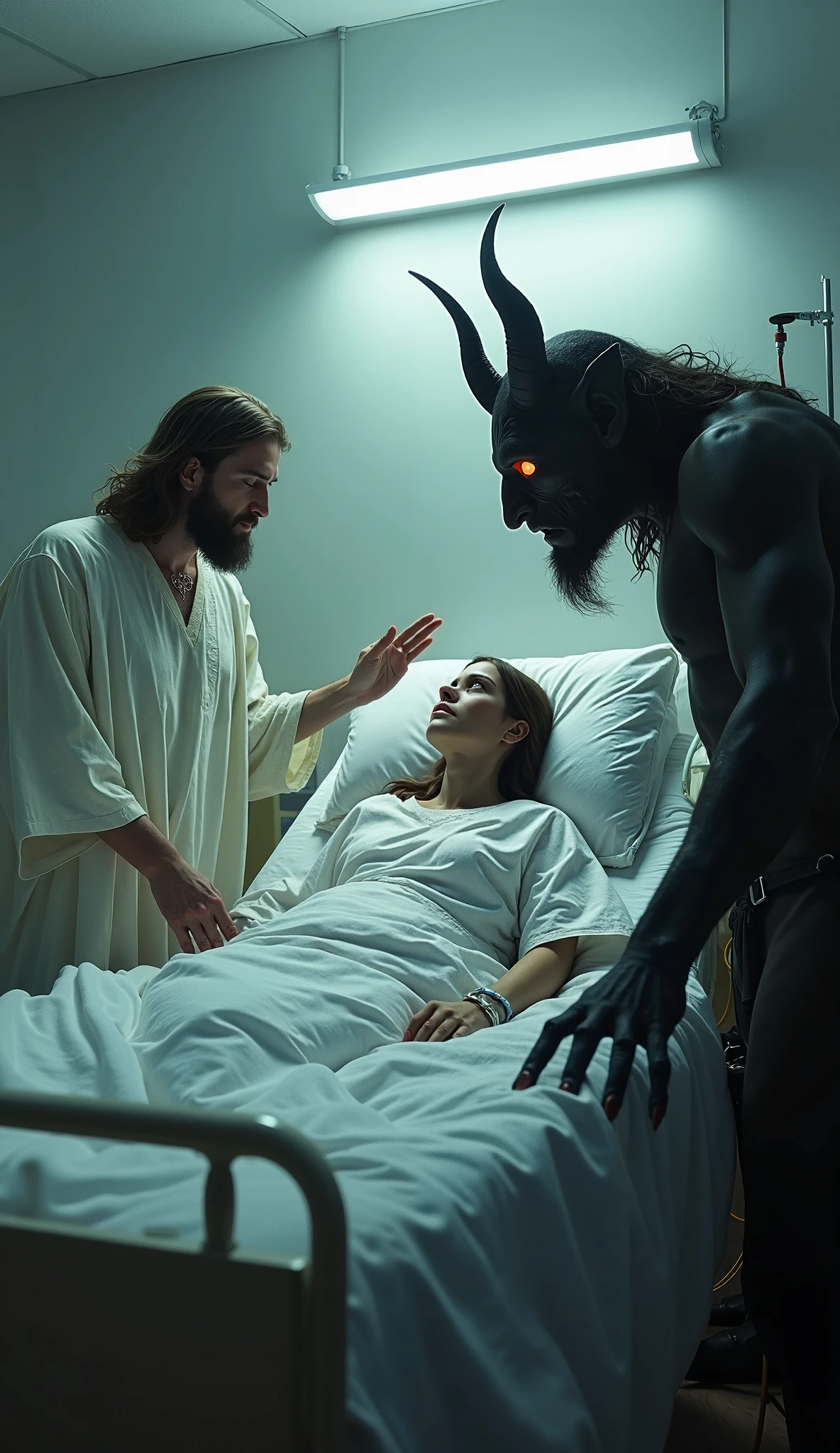 "In a cold, sterile hospital room filled with futuristic, high-tech computers and blinking monitors, a pregnant woman lies on a sleek, metallic bed, screaming in pain as she struggles through labor. Her face is twisted in fear and agony, sweat dripping down her brow as she clutches the edges of the bed. The room's atmosphere is eerie, with dim, artificial lighting casting long shadows across the space, giving it a surreal, almost otherworldly feel. Standing at the foot of the bed is a terrifying devil, its sharp, curved horns jutting out ominously from its head. The devil's long, razor-like claws are visible as it watches the woman intently, its glowing eyes filled with malevolent curiosity. The stark contrast between the cold, futuristic setting and the primal terror of the scene creates an intensely unsettling image."