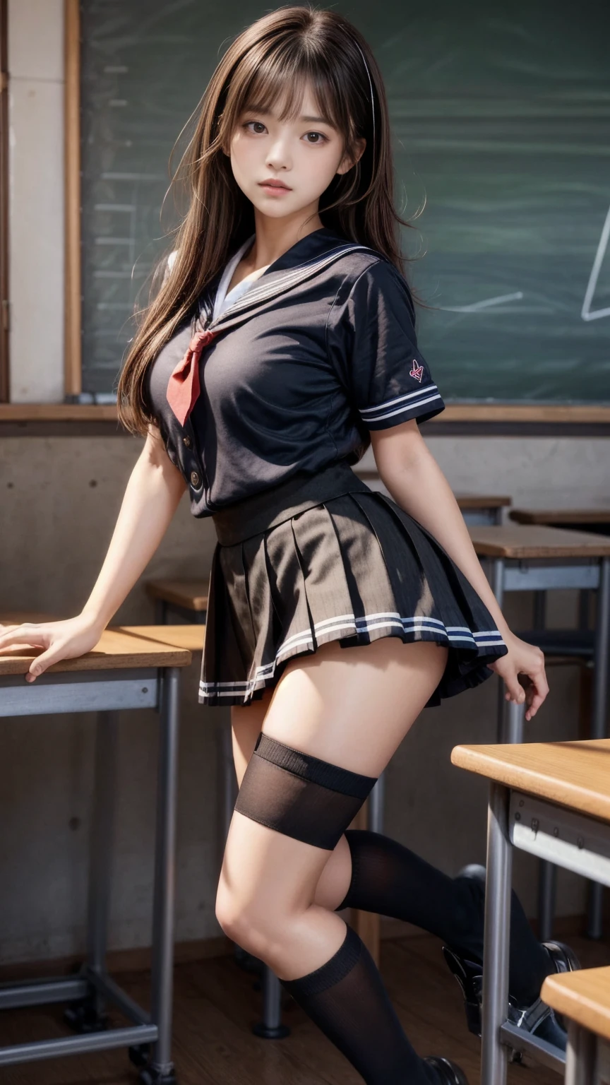 Japanese girl, yoga, downward facing dog yoga pose, Japanese college girl uniform, black sheer stockings, classroom