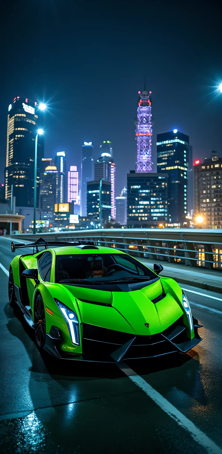" Lamborghini Veneno : color: - Intense tone : Metallic lime green (# 33CC33 ) with details in matte black - Bright : high, with a touch of depth and complexity - Paint : Metallic with effect of "color change" depending on the angle of the light
Design : - Shape: Aerodynamic and aggressive , with angular lines and sharp curves - Style : Sporty and extreme , with a touch of sophistication and exclusivity - Details : Slim LED lights , adjustable rear spoiler , 20-inch alloy wheels
Interior : - color: Matt black leather (#000000) with carbon fiber details - Material : high quality leather, carbon fiber and aluminum - Design : Minimalist and functional , with a focus on comfort and performance
Bridge : - Material: Steel and concrete - Design : Modern and aerodynamic , with clean and minimalist lines - View : Panoramic of the city at night , with illuminated buildings and neon lights that reflect in the water
City : - Buildings: Modern and contemporary , with innovative designs and sustainable materials - Lighting : Bright and vibrant , with a variety of colors and textures - Environment : Dynamic and exciting , with a fast pace and a sense of energy and movement
Overall , el Lamborghini Veneno estacionado en el puente ofrece una vista impresionante de la ciudad de noche, with its extreme and sporty design that integrates perfectly with the modern and dynamic environment ."