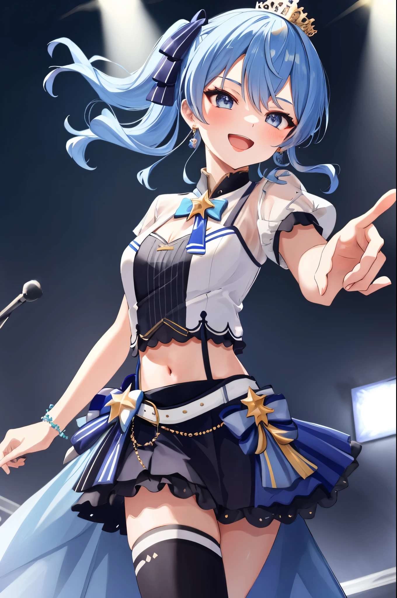 masterpiece, best quality, absurdres, 1girl, solo, Hoshimachi Suisei, light blue hair, blue eyes, happy, smile, parted lips, cowboy shot, sidelocks, ponytail, toned,
idol, idol clothes, hololive idol uniform, bowtie, blue skirt, brooch, dress, concert, on stage, frilled skirt, jewelry, layered dress, short sleeves, tiara, midriff, thighhighs(,shout:1.5),.(open_mouth:1.3),singing,(angry:0.6),, idle_live,audience_landscape,light up_girl,solo,shiny_effects,smile。joy,happy,