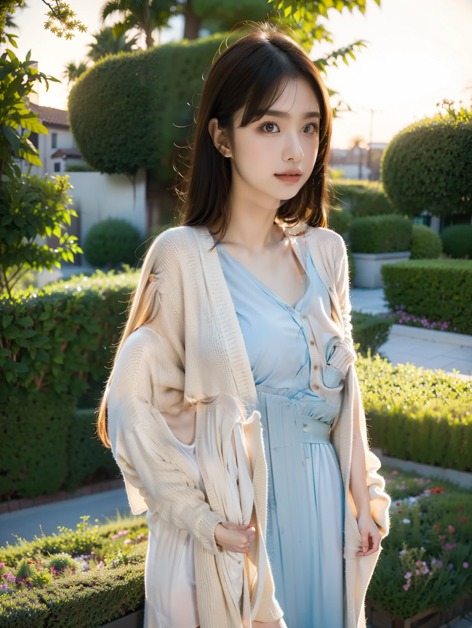 1 girl, solo, high resolution, long hair,, look, top quality,I'm wearing a dress and cardigan, anatomically correct, 8k octane , sunset,garden,