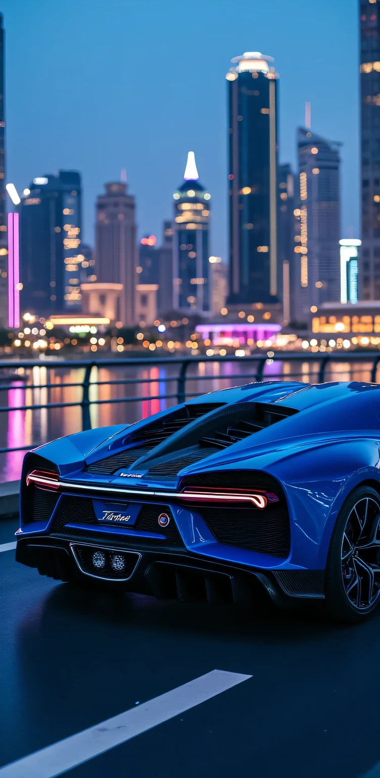 " Bugatti Chiron: color: - Intense shade : Metallic Cobalt Blue (#032B44) with polished silver details - Gloss : high, with a touch of depth and complexity - Painting : Metallic with "color change" depending on the angle of the light
Design : - Shape: Aerodynamic and elegant , with curved lines and smooth surfaces - Style : Sporty and sophisticated , with a touch of exclusivity and luxury - Details : Slim LED lights , adjustable rear spoiler , 21 inch alloy wheels
Interior : - Color: Matt black leather (#000000) with carbon fiber details - Material : high quality leather, carbon fiber and aluminum - Design : Minimalist and functional , with a focus on comfort and performance
Bridge : - Material: Steel and concrete - Design : Modern and aerodynamic , with clean and minimalist lines - View : Panoramic view of the city at dusk , with illuminated buildings and neon lights that reflect in the water
City : - Buildings: Modern and contemporary , with innovative designs and sustainable materials - Lighting : Bright and vibrant , with a variety of colors and textures - Environment : Dynamic and exciting , with a fast pace and a sense of energy and movement
Overall , el Bugatti Chiron estacionado en el puente ofrece una vista impresionante de la ciudad al anochecer, , with its elegant and sporty design that integrates perfectly with the modern and dynamic environment ."