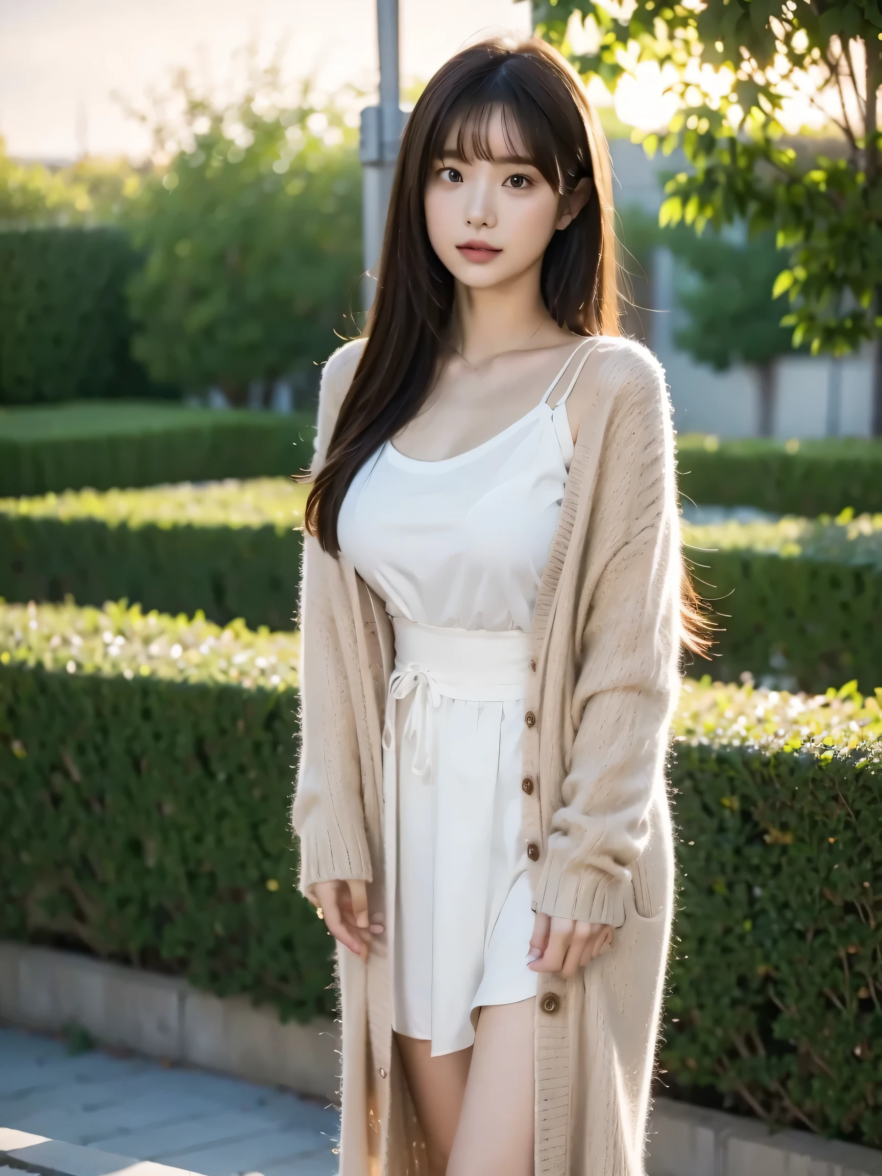  1 girl, solo,  high resolution,  long hair,,  look,  top quality，I'm wearing a dress and cardigan， anatomically correct,  8k octane , sunset，garden,