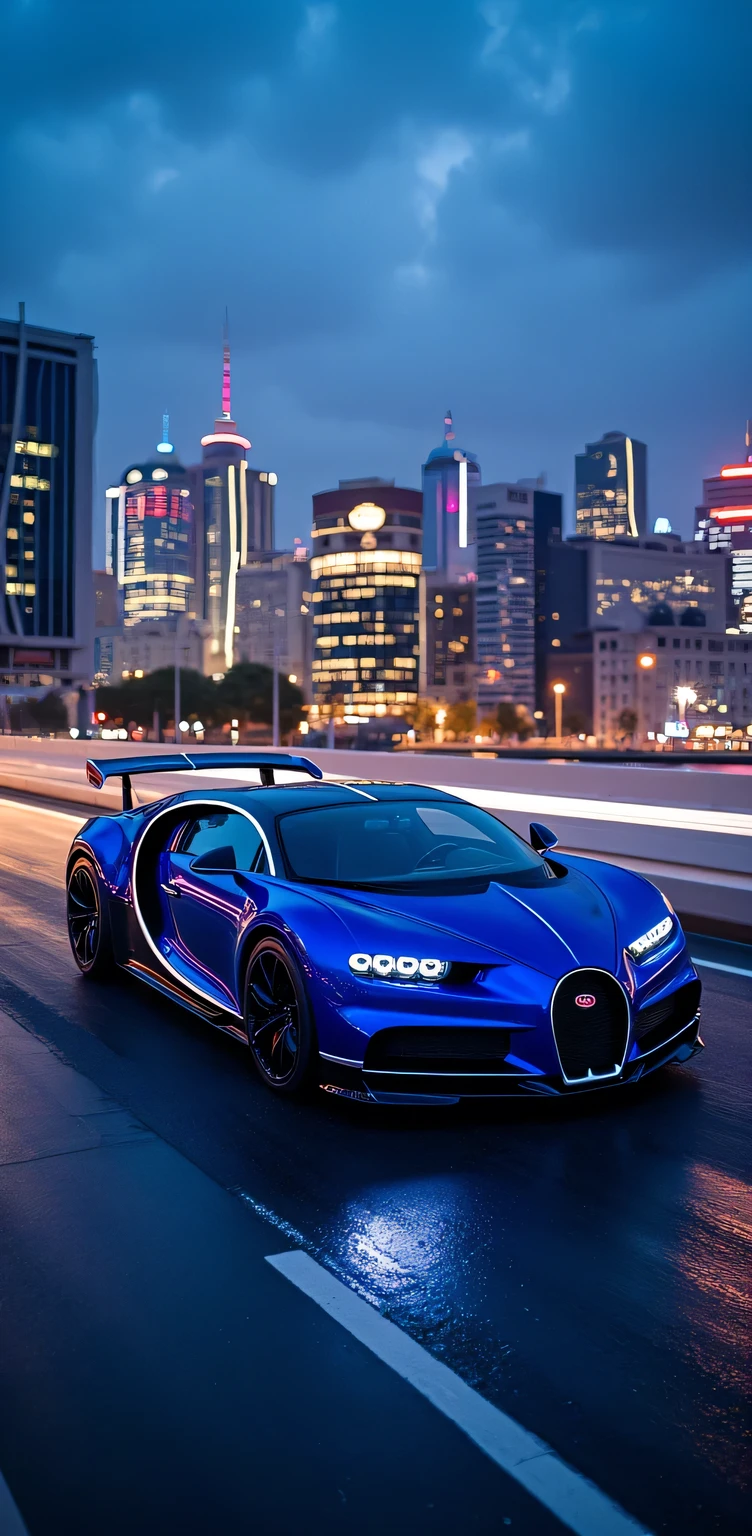 " Bugatti Chiron: color: - Intense shade : Metallic Cobalt Blue (#032B44) with polished silver details - Gloss : high, with a touch of depth and complexity - Painting : Metallic with "color change" depending on the angle of the light
Design : - Shape: Aerodynamic and elegant , with curved lines and smooth surfaces - Style : Sporty and sophisticated , with a touch of exclusivity and luxury - Details : Slim LED lights , adjustable rear spoiler , 21 inch alloy wheels
Interior : - Color: Matt black leather (#000000) with carbon fiber details - Material : high quality leather, carbon fiber and aluminum - Design : Minimalist and functional , with a focus on comfort and performance
Bridge : - Material: Steel and concrete - Design : Modern and aerodynamic , with clean and minimalist lines - View : Panoramic view of the city at dusk , with illuminated buildings and neon lights that reflect in the water
City : - Buildings: Modern and contemporary , with innovative designs and sustainable materials - Lighting : Bright and vibrant , with a variety of colors and textures - Environment : Dynamic and exciting , with a fast pace and a sense of energy and movement
Overall , el Bugatti Chiron estacionado en el puente ofrece una vista impresionante de la ciudad al anochecer, , with its elegant and sporty design that integrates perfectly with the modern and dynamic environment ."