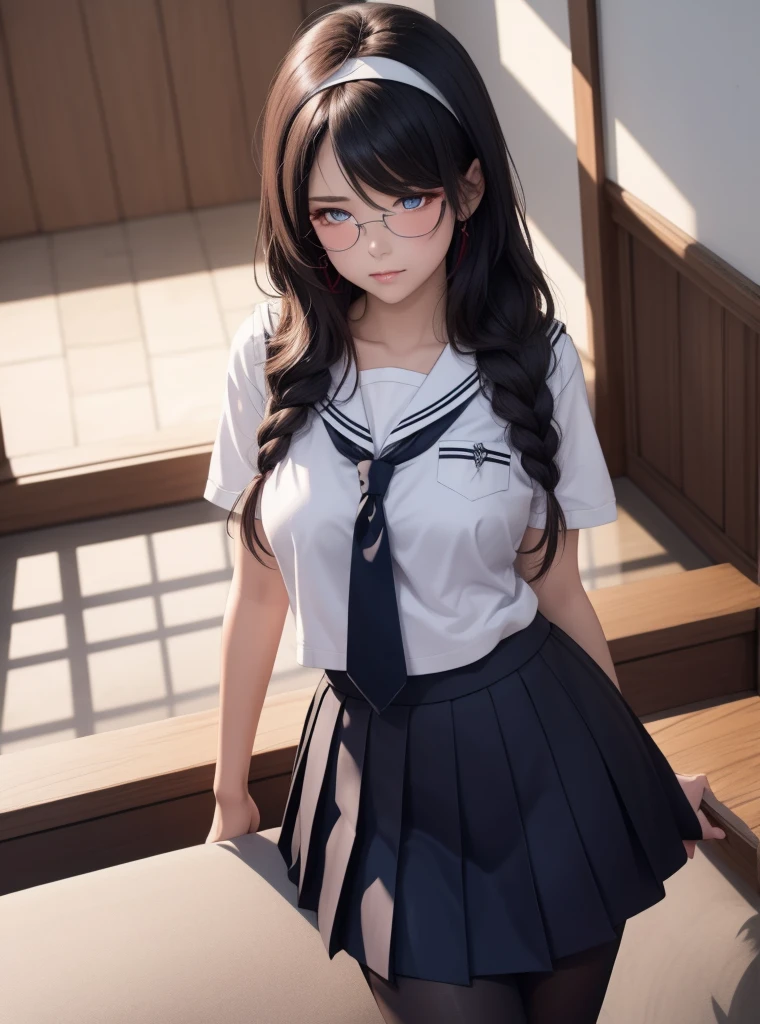 (Tabletop:1.0), (highest quality:1.4), (High resolution:1.2), From the side,Sharp contours, boyish, highest quality, masterpiece,Glasses,Voice of the Heart,20-year-old woman,yandere,Big Breasts,Chest to chest,Lying face down,Ecstasy,saliva,blush,Squint your eyes,Heterochromia iridis,Tuck up your clothes,lure,under shot,skirt lift,zettai ryouiki,open clothes