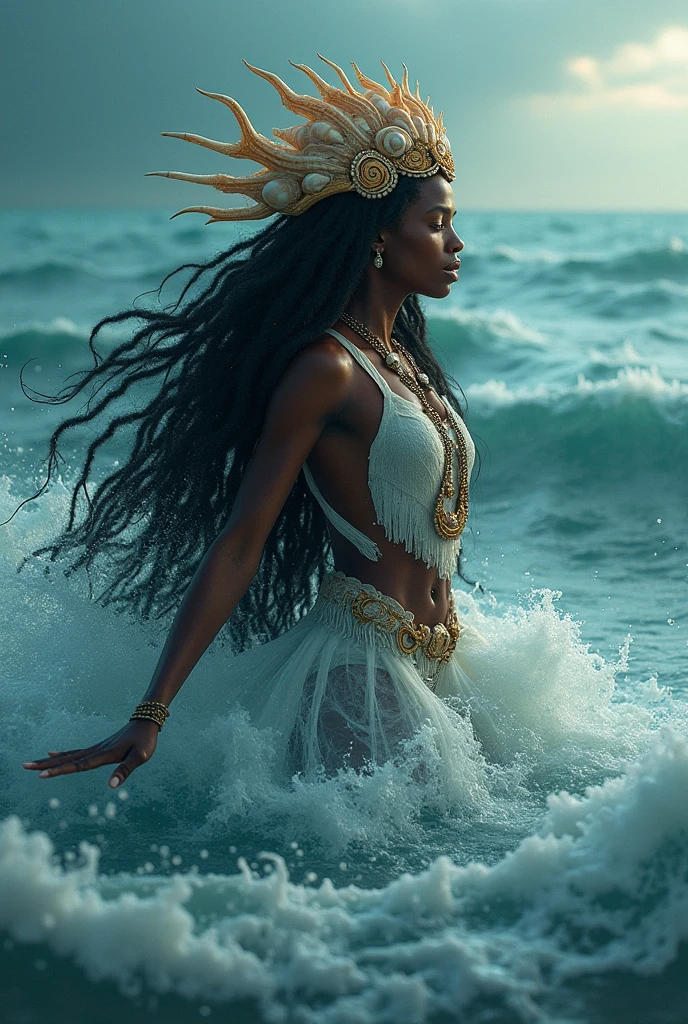 Yemanjá, a radiant black woman, stands tall, embodying the ocean's spirit. Her skin glows like deep waters, her long hair adorned with pearls and shells cascades down her back, symbolizing her dominion over the sea. Her eyes, deep and serene, reflect the ocean's mysteries. She wears flowing white and blue garments, evoking sea foam and the vast sky. Beads necklace symbolizes her nurturing nature. Her presence, both commanding and gentle, extends arms in a welcoming embrace, embodying strength and maternal grace.