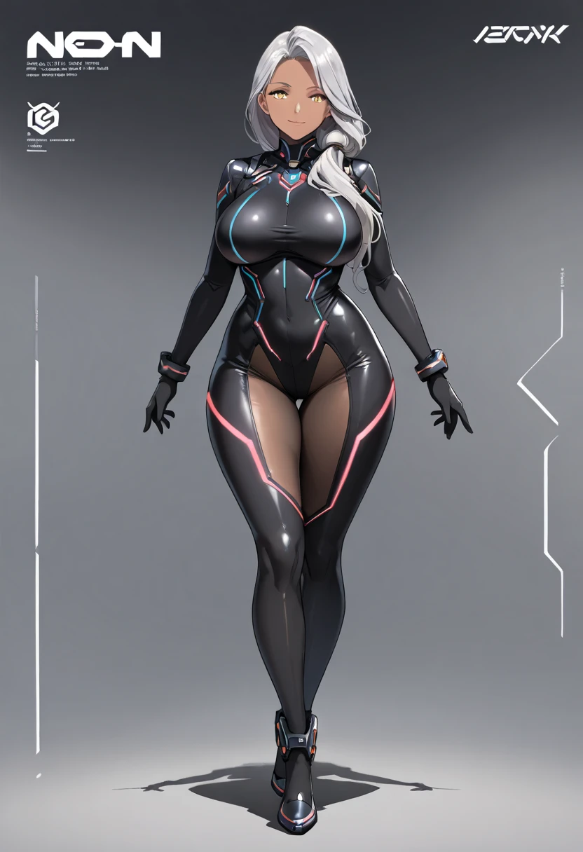 (((masterpiece:1.5))), full body image, anime android robot girl, 1girl, shiny, skintight latex ((white)) sci-fi bodysuit with purple accents, black hair, tan skin, amber eyes, neutral expression, plain white background