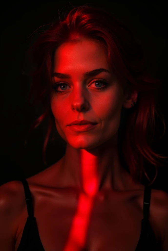 Arafed Woman with red hair and a necklace in a dark room, red and cinematic lighting, Cinematic red lighting, Extremely changeable lighting, cabello rojo brillante, inspirado por Hedi Xandt, Retrato disparado 8K, inspirado por Elsa Bleda, rojo brillante, Joyas LED intrincadas, Cinematic and dramatic red light, Toma de retrato, por Emma Andijewska