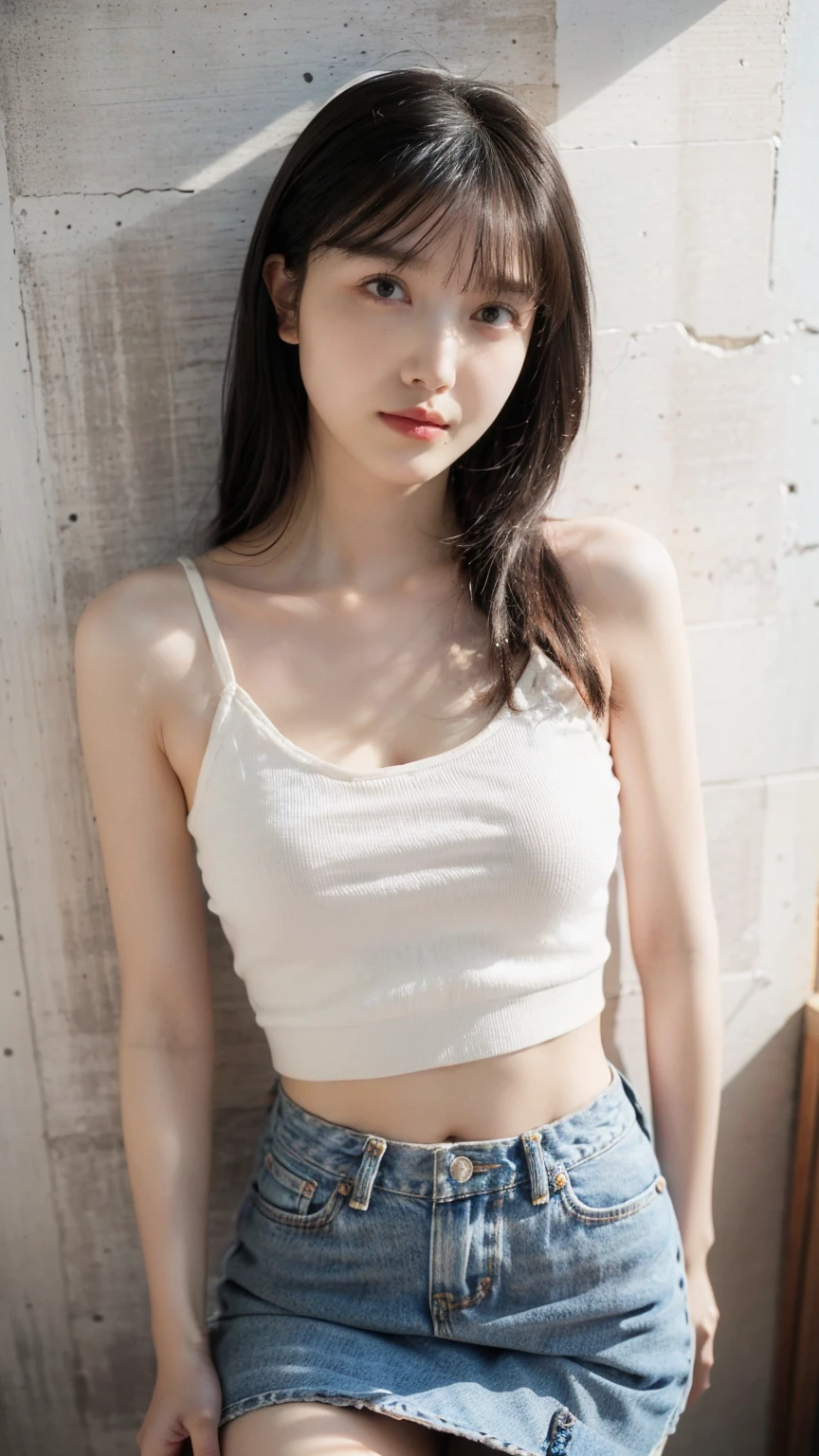 (Photorealistic),(Masterpiece),(ultra-detailed),a very close shot of a tall very beautiful and extremely thin girl who is literally just skin and bones because of being severely malnourished and looks so fragile and delicate and has big eyes and very small head, can see all her bones,lying,she has very small and thin body frame and legs,wearing loose crop t-shirt and a loose skirt,extremely slender build,hands on stomach because of being so hungry,cheeks sunken